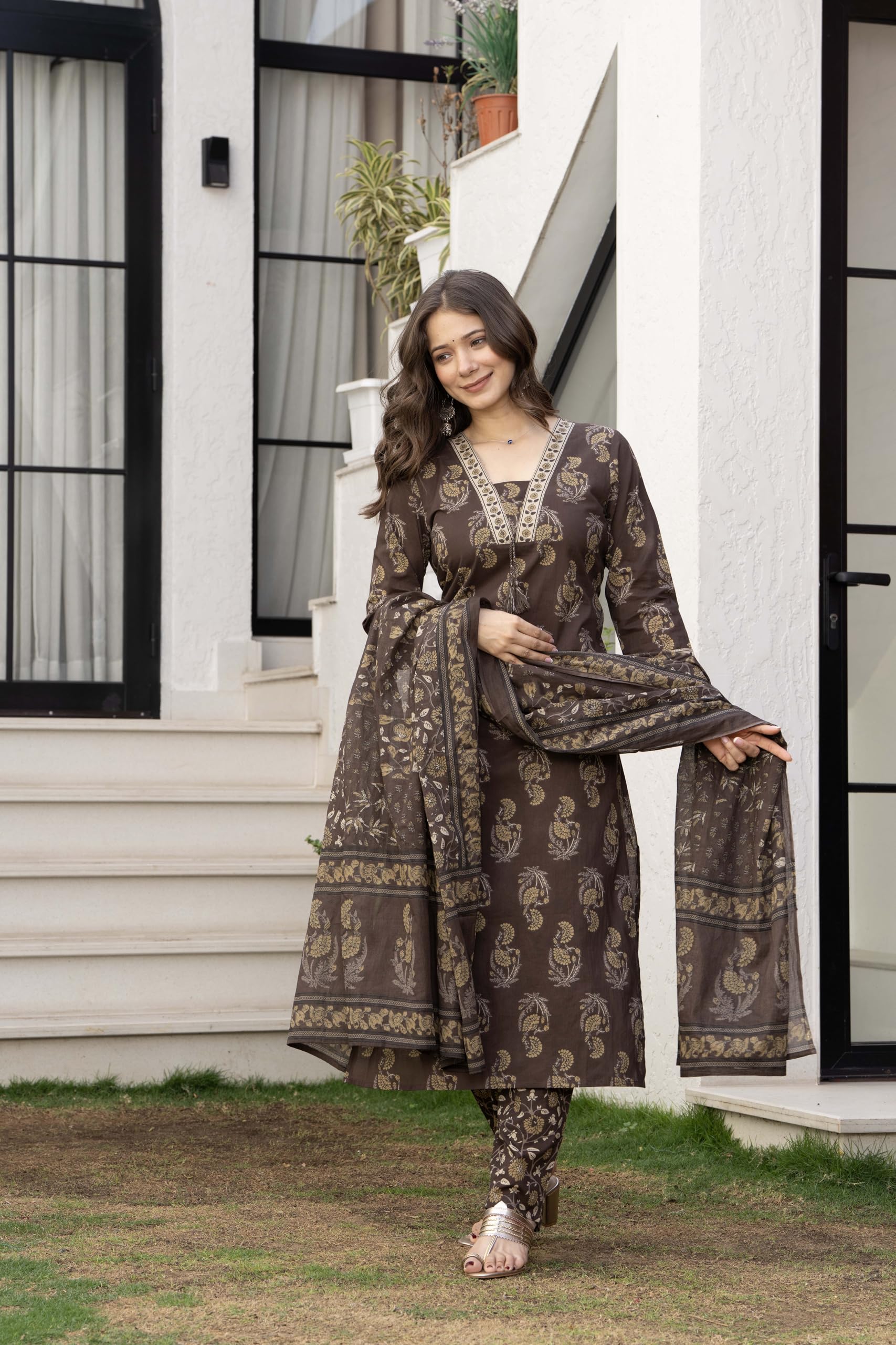 PARTHVI Women’s Cotton Printed Kurta Set with Pants & Dupatta | Elegant Ethnic Wear for Women | Floral Print | Comfortable Suit Set