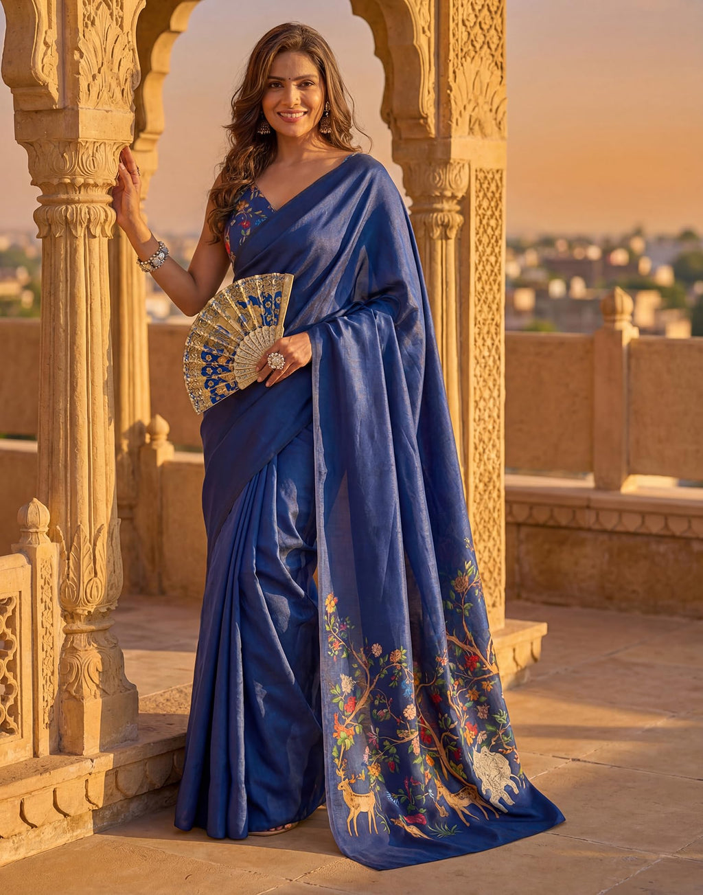 SIRIL Women's Silk Printed One Minute Ready To Wear Saree With Unstitched Blouse Piece(93RS309_Navy Blue)