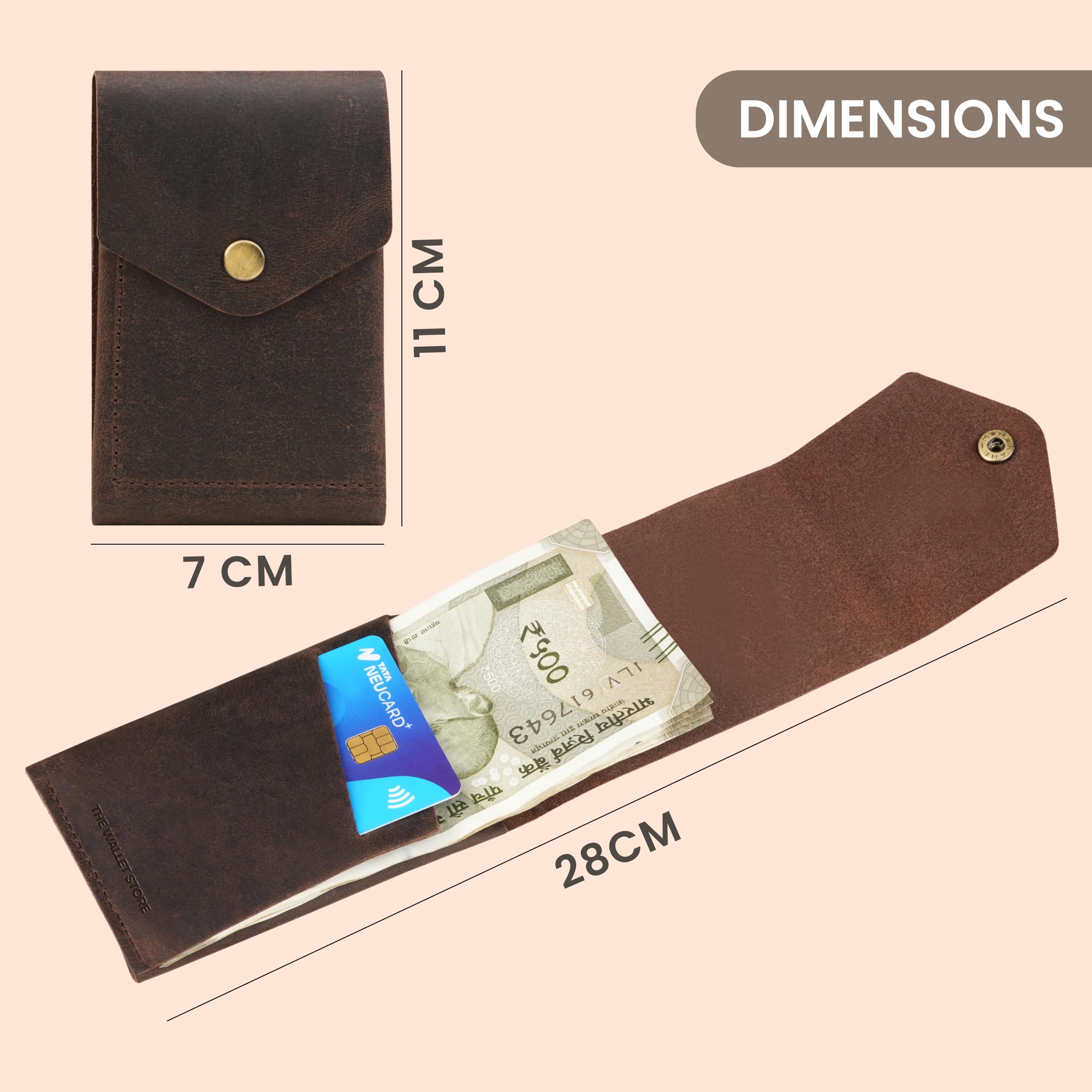 The Wallet Store Flip Genuine Leather Vertical Slim Wallet for Men | Pull-String Quick Card Access | Compact Front Cash Pocket & Button Lock | Minimalist Travel & Daily Carry Wallet (Brown)