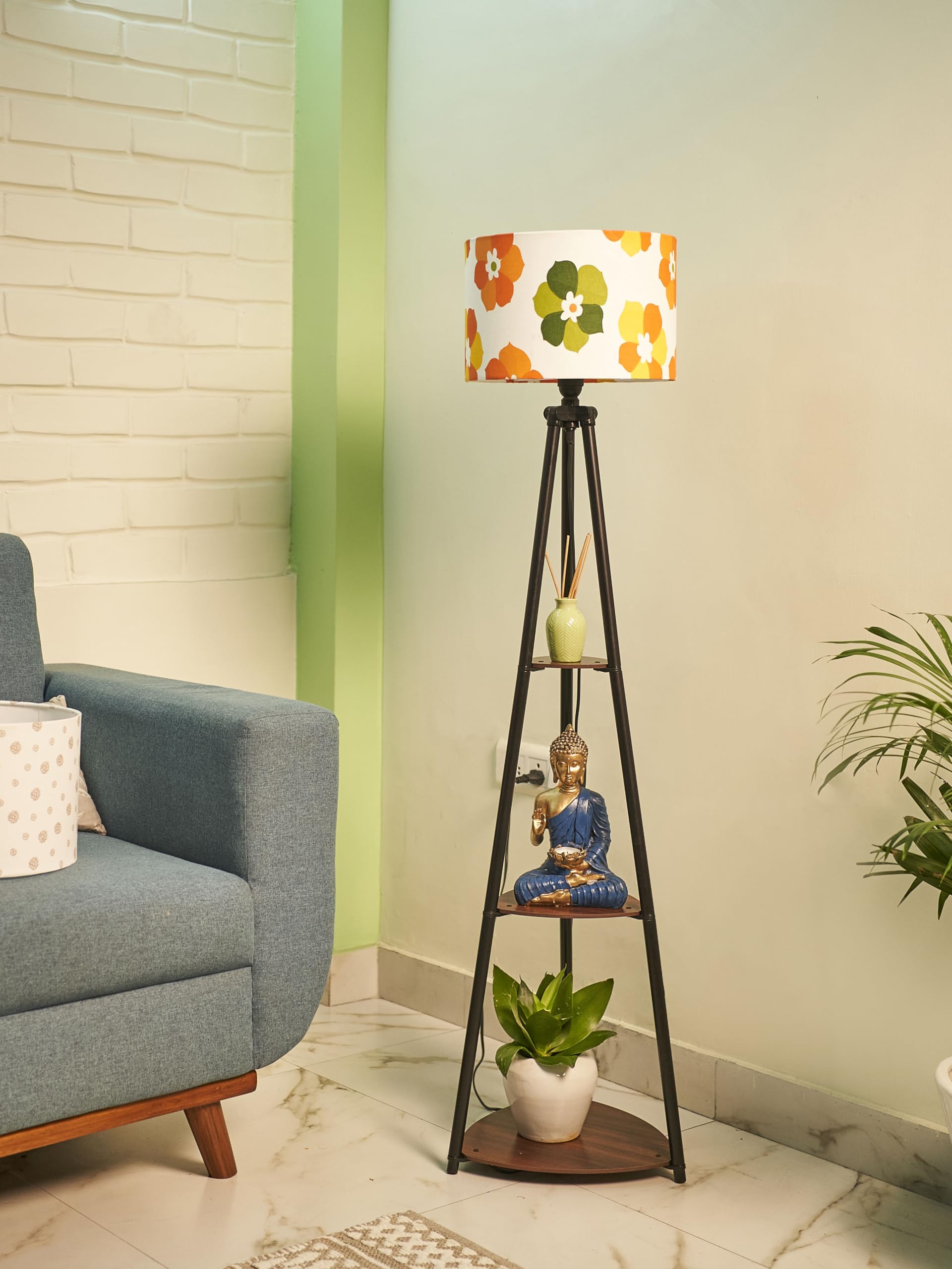 Crosscut Furniture Metal Floor Lamp with 3 Shelves (Fresh Flower) LED Bulb Included, Yellow