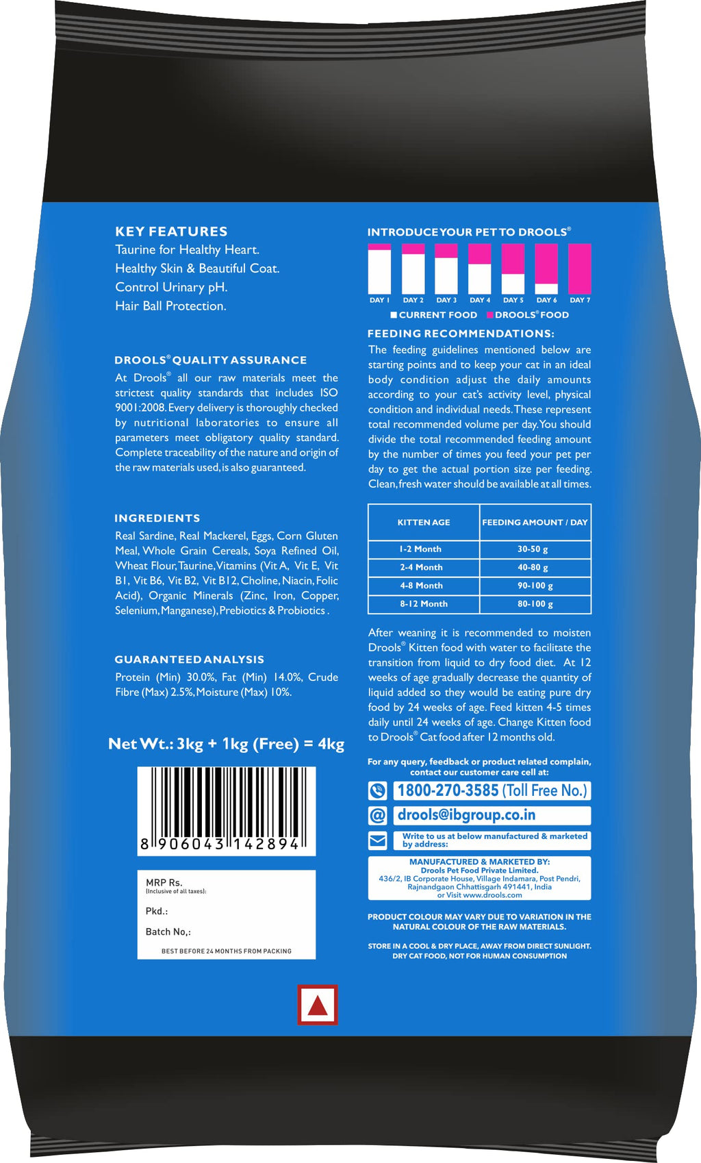 Drools Kitten Dry Cat Food 4kg Pack (3kg + 1kg food Free Inside) | Ocean Fish Flavour | Promotes Optimum Growth | Better Digestibility | Controls Urinary Ph | Healthy Skin and Lustrous Coat