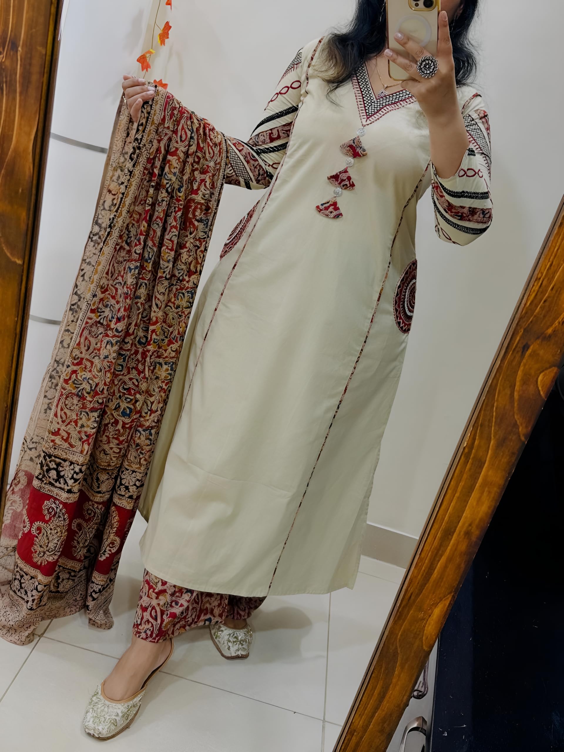 BHARVITA Women's Cotton Embroidered Anarkali Kurta and Palazzo with Dupatta Set (in, Alpha, M, Regular, Chiku)