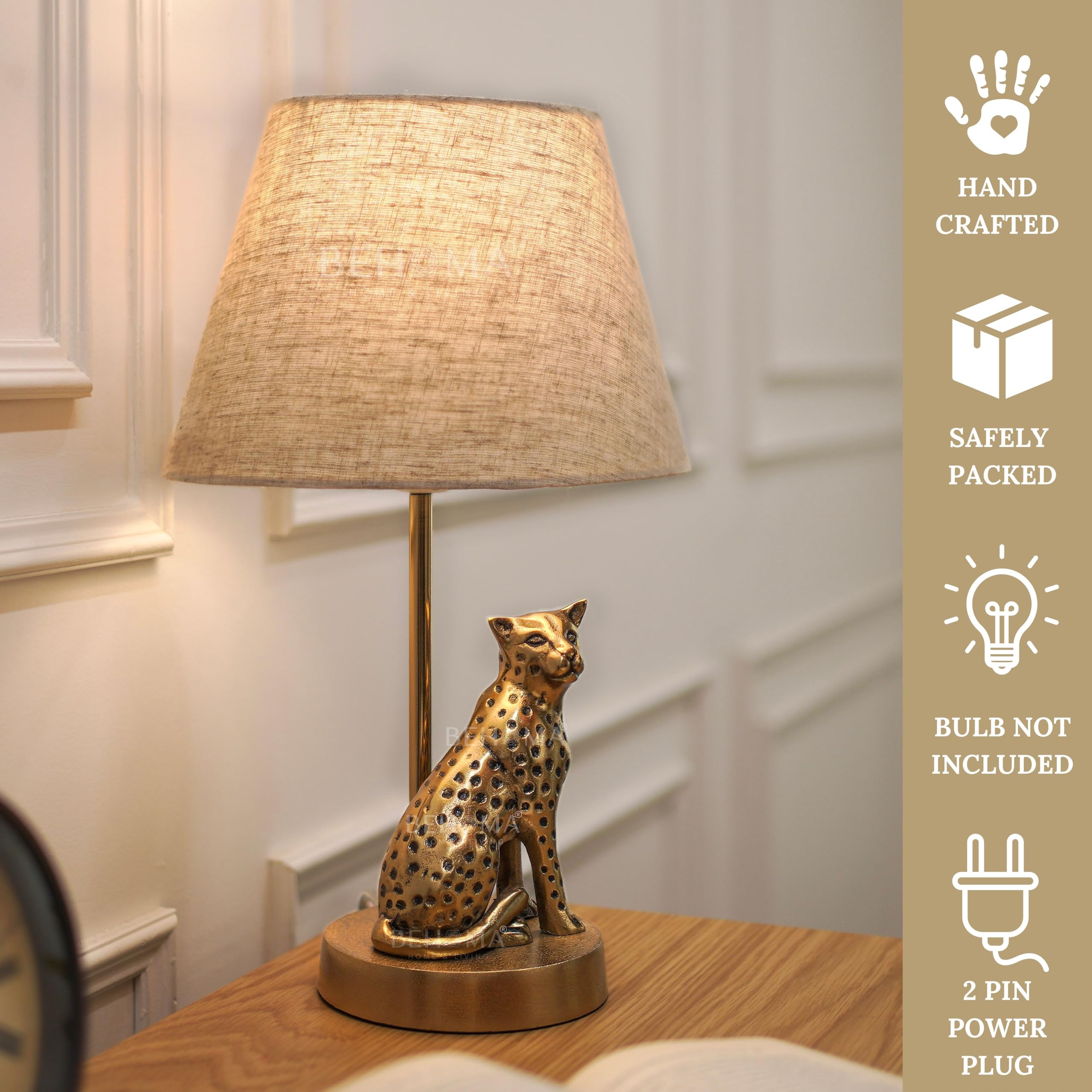BEHOMA Luxury Jaguar Figurine Table Lamp with Antique Gold Aluminium Base & Fabric Shade | Elegant Home & Office Decor | Gift for Men, Kids, Housewarming Anniversary & Birthday (Bulb Not Included)