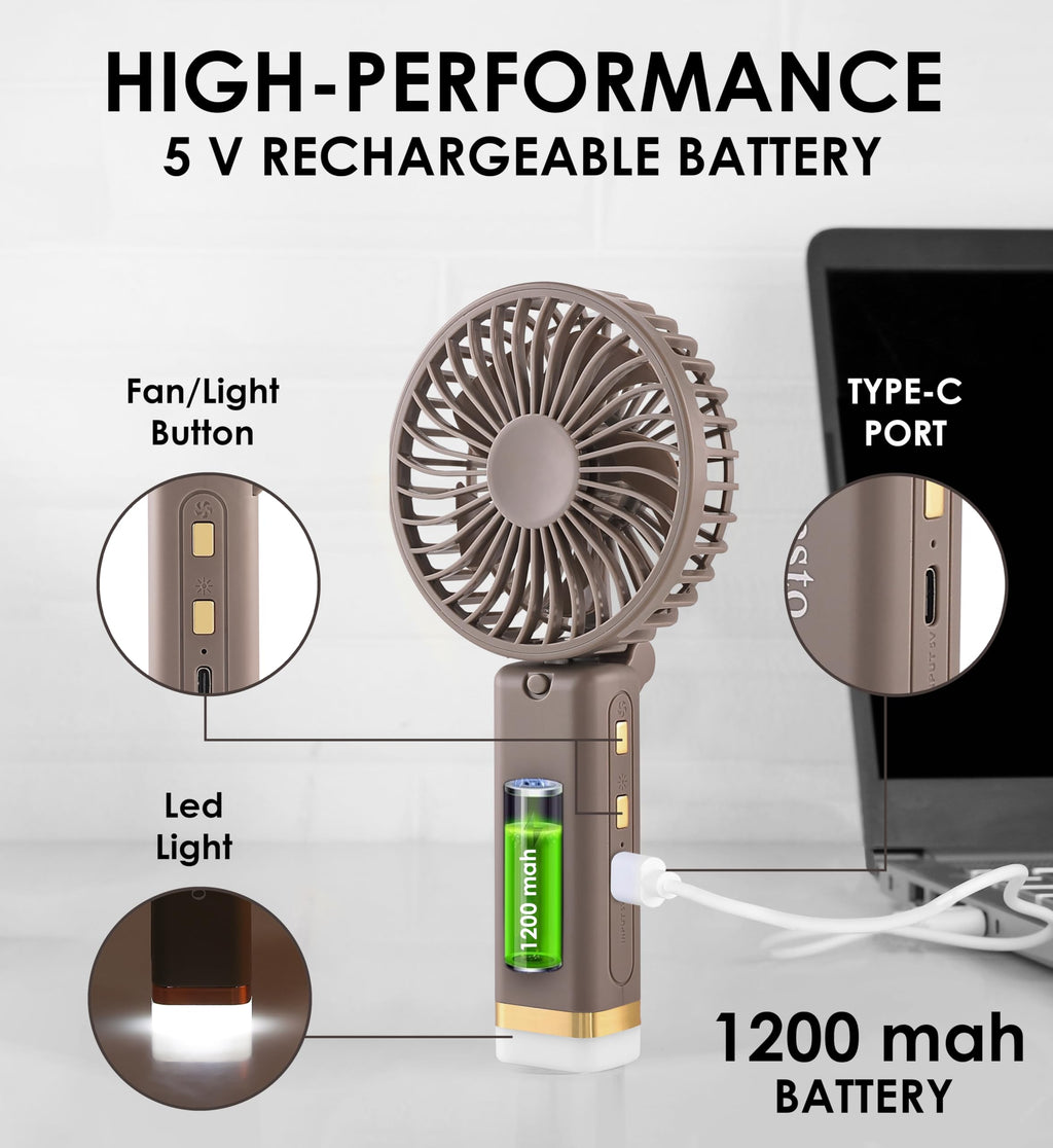 Gesto Portable Fan Rechargeable with LED Light – Foldable Mini Fan, Small Fan,USB Charging Hand Fan with 1200mAh Battery & 3 Speed Modes | Travel, Makeup, Kitchen,Women’s Personal Pankhaa - Grey