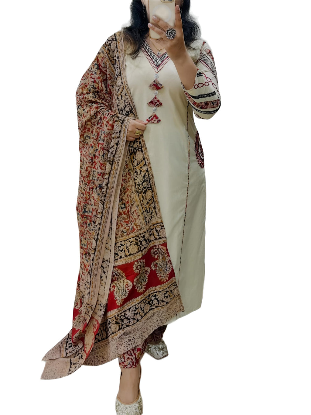 BHARVITA Women's Cotton Embroidered Anarkali Kurta and Palazzo with Dupatta Set (in, Alpha, M, Regular, Chiku)