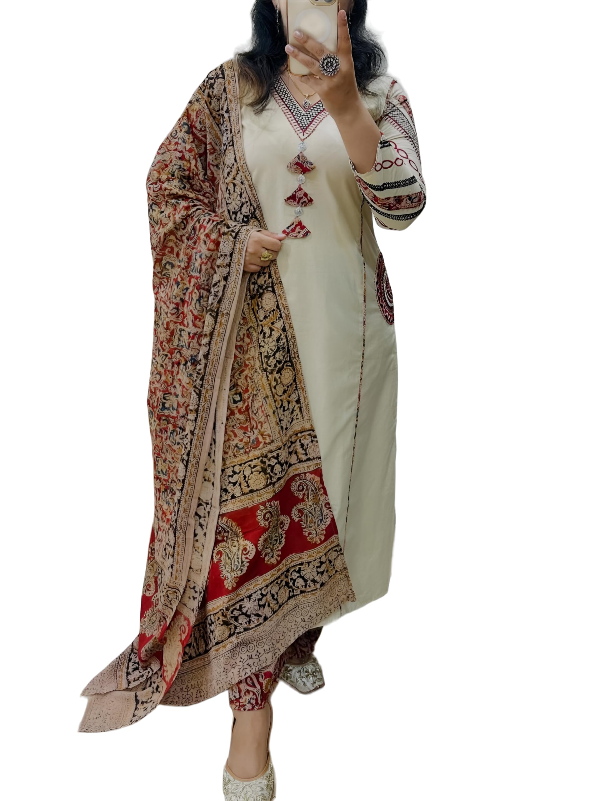 BHARVITA Women's Cotton Embroidered Anarkali Kurta and Palazzo with Dupatta Set (in, Alpha, M, Regular, Chiku)