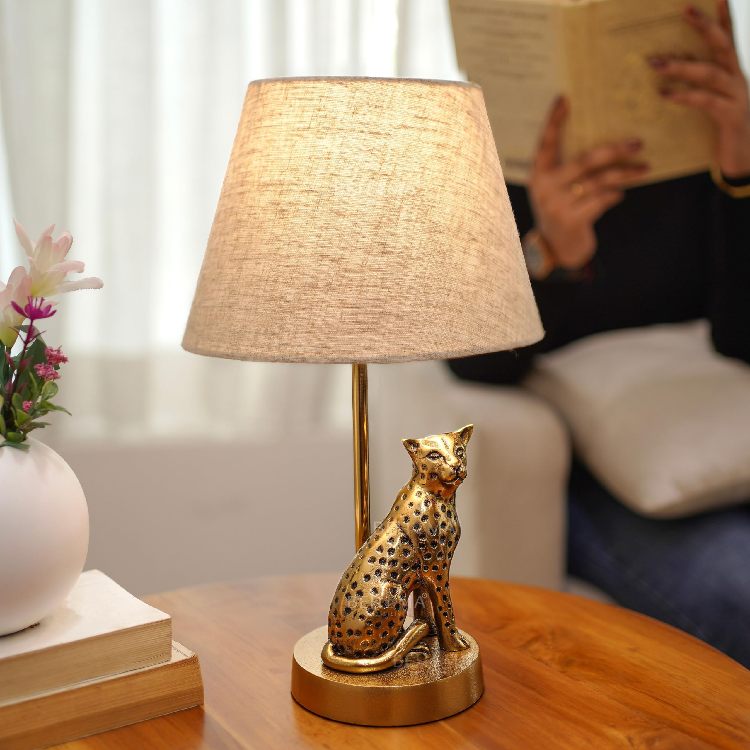 BEHOMA Luxury Jaguar Figurine Table Lamp with Antique Gold Aluminium Base & Fabric Shade | Elegant Home & Office Decor | Gift for Men, Kids, Housewarming Anniversary & Birthday (Bulb Not Included)