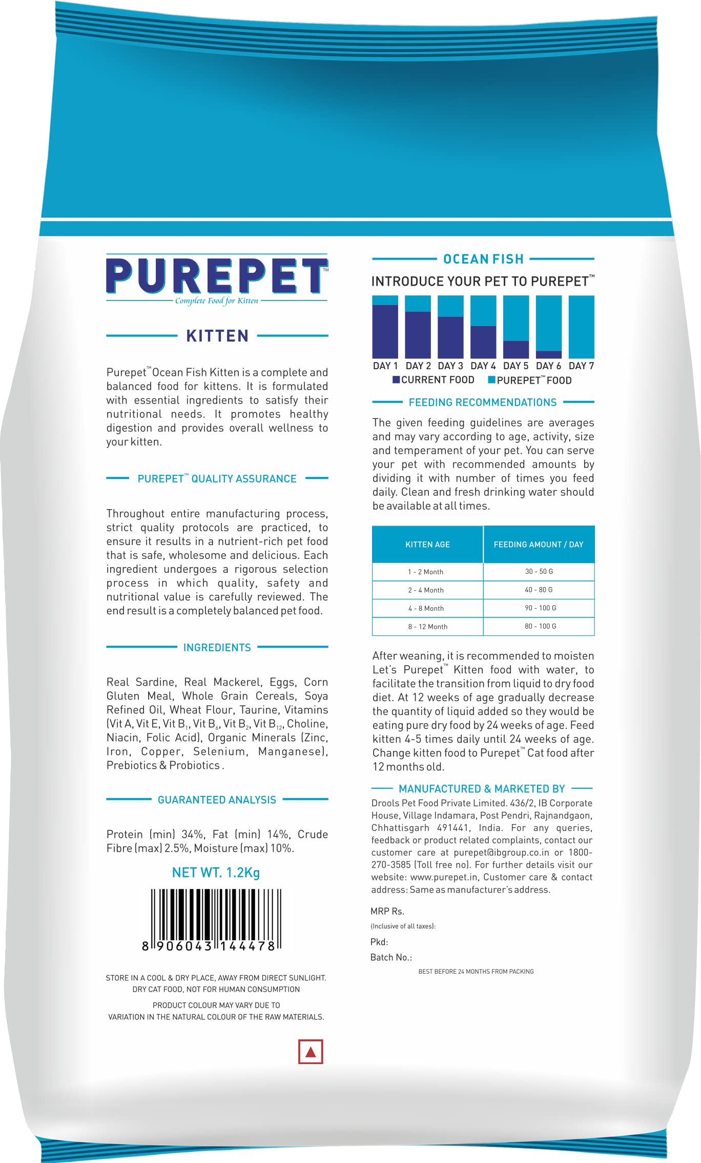 Purepet Kitten Dry Cat Food 1.2kg | Ocean Fish Flavour | Supports Active Behaviour | Hairball Control | Urinary Tract Health | Nutrient-Rich with Essential Minerals