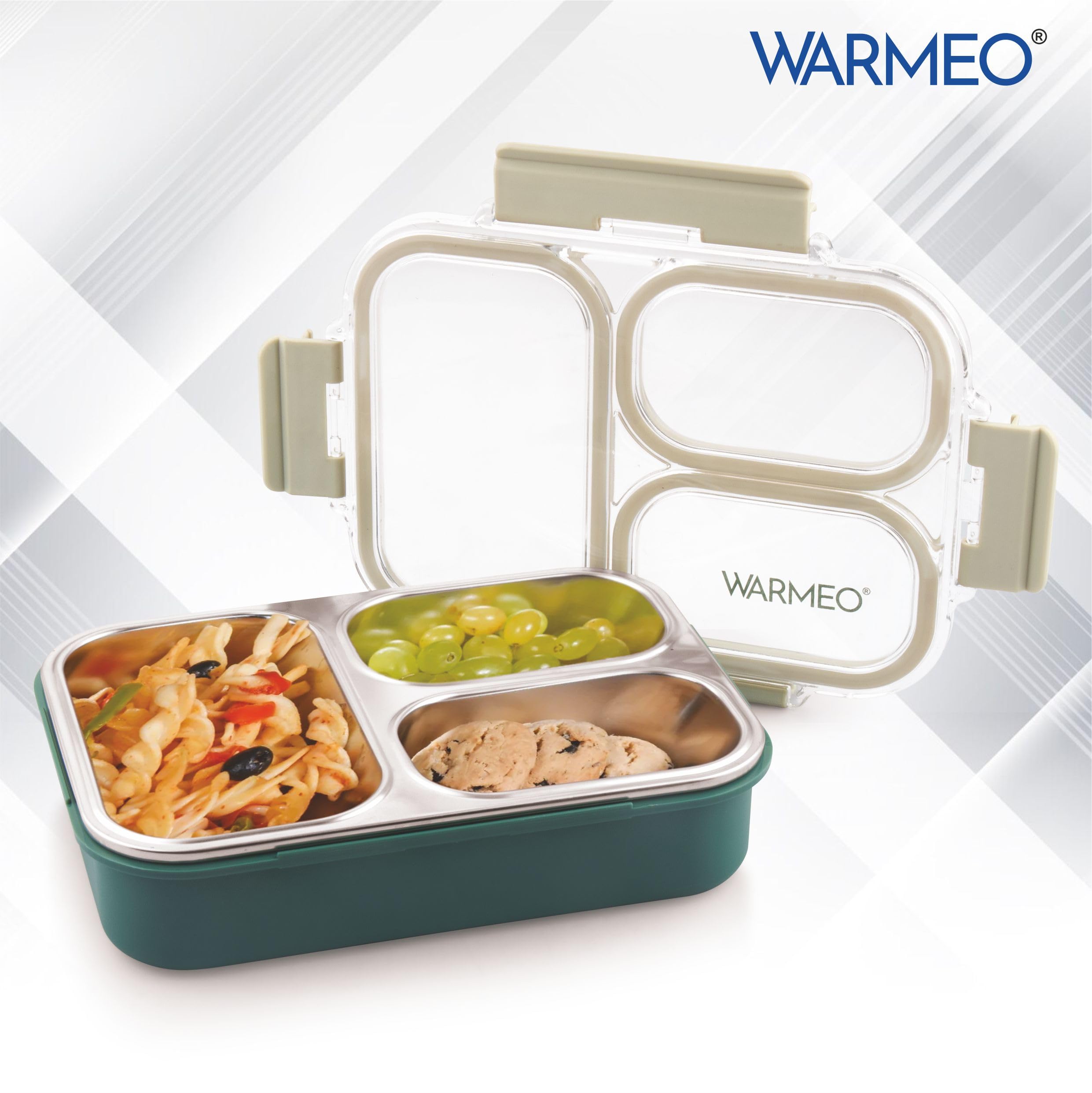 WARMEO BENTO Microwave-Safe Stainless Steel Lunchbox with 3 compartments,bpa Free,Perfect for Office, School, Travelling, 750ml-Green