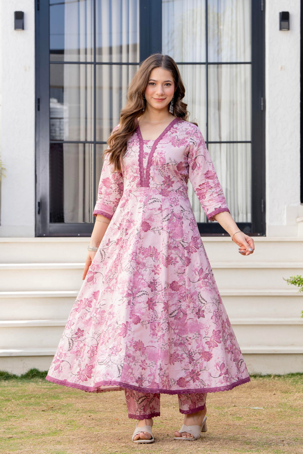 MANHAREE Women's Cotton Anarkali Pink Kurta Pant with Dupatta Set