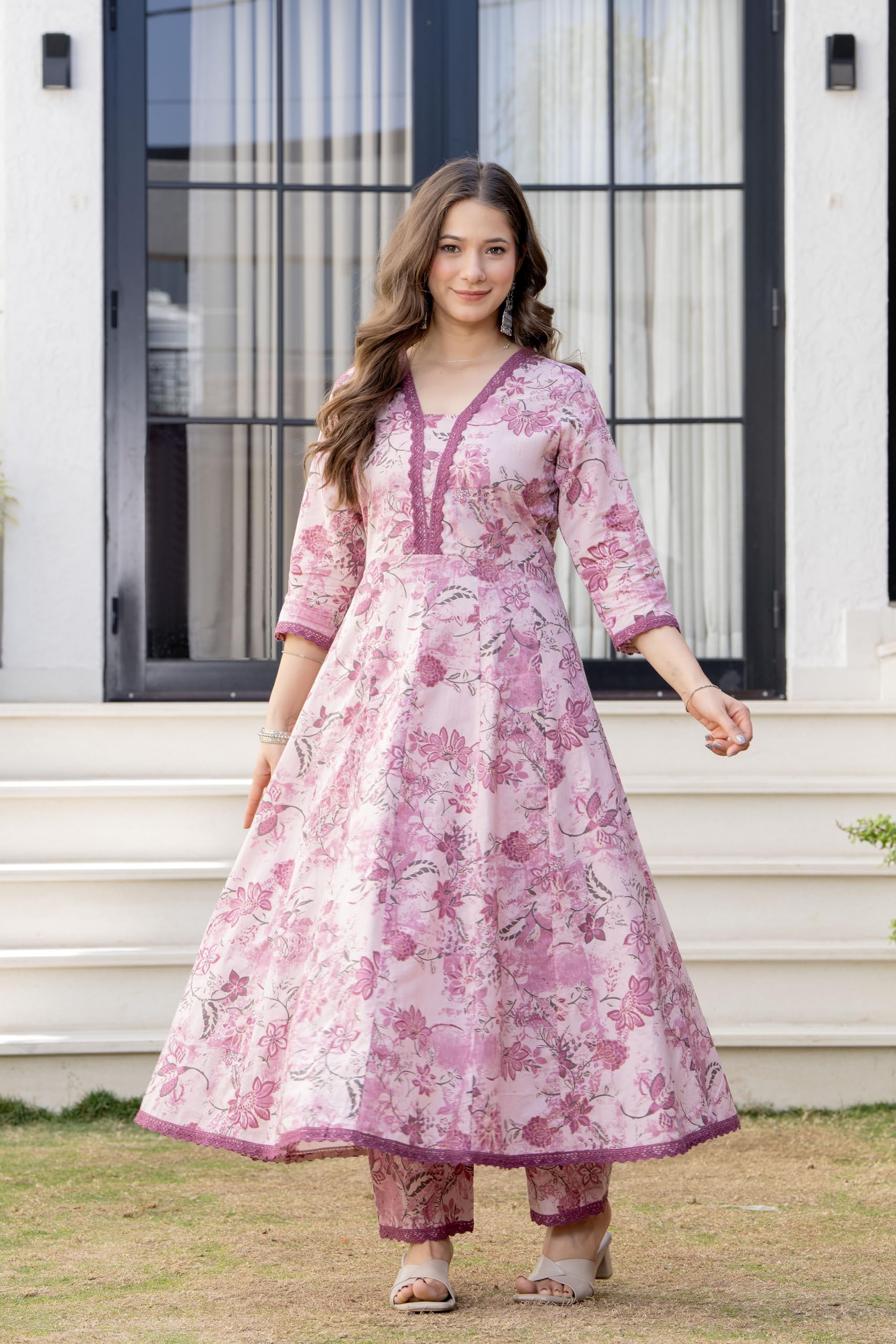 MANHAREE Women's Cotton Anarkali Pink Kurta Pant with Dupatta Set