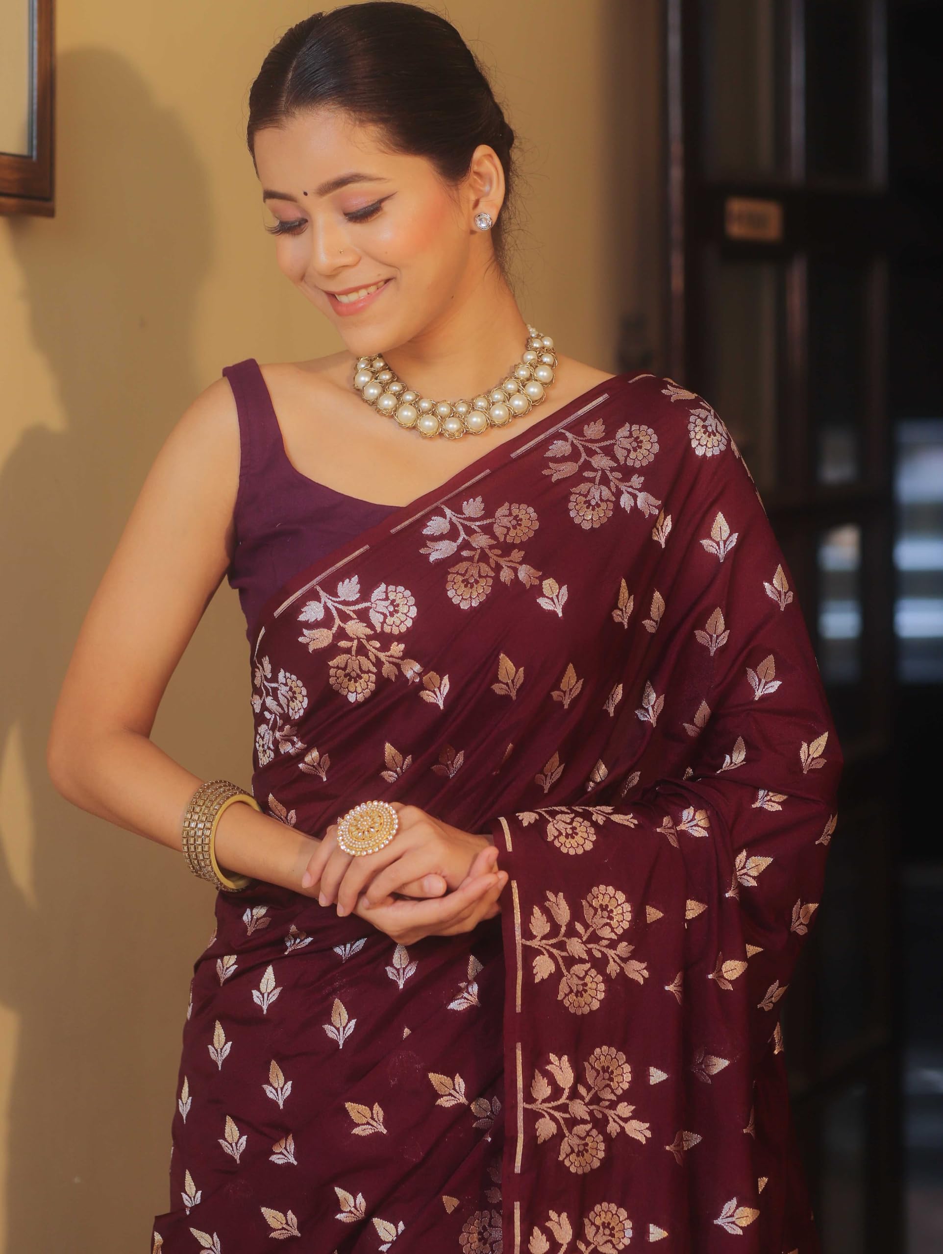 Shasmi Women's Maroon Banarasi Pure Kanjivaram Silk Saree Soft new ladies Design Wear Pattu Sarees Latest 2026 Cotton Party Sari collections With Blouse Piece for Wedding sadi (PARI-238-MAROON)
