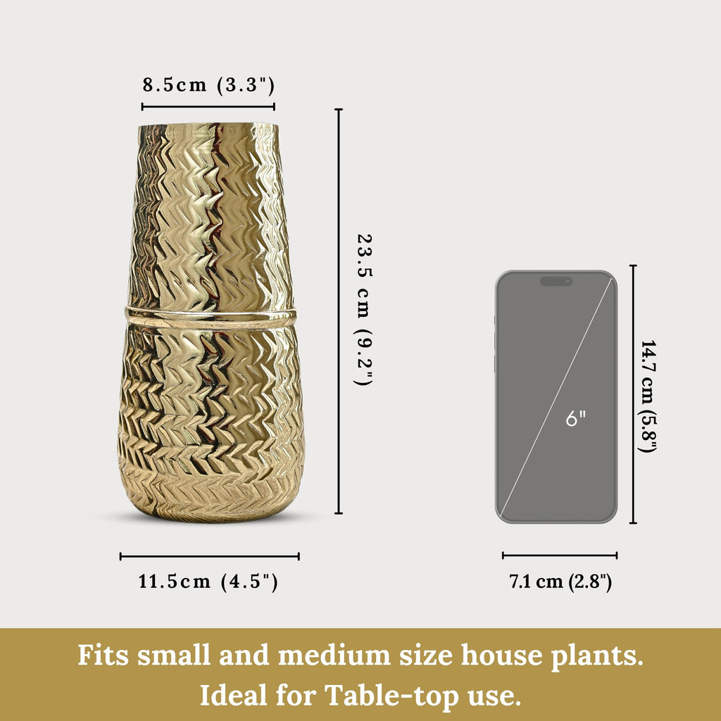 BEHOMA Arrow Engrave Metal Cylindrical Vase for Home Décor | Table Flower Pot for Valentine’s Day, Couple Gift for Wedding Anniversary, Birthday Decoration | 9.2" Golden, 1Pc (Flower not Included)