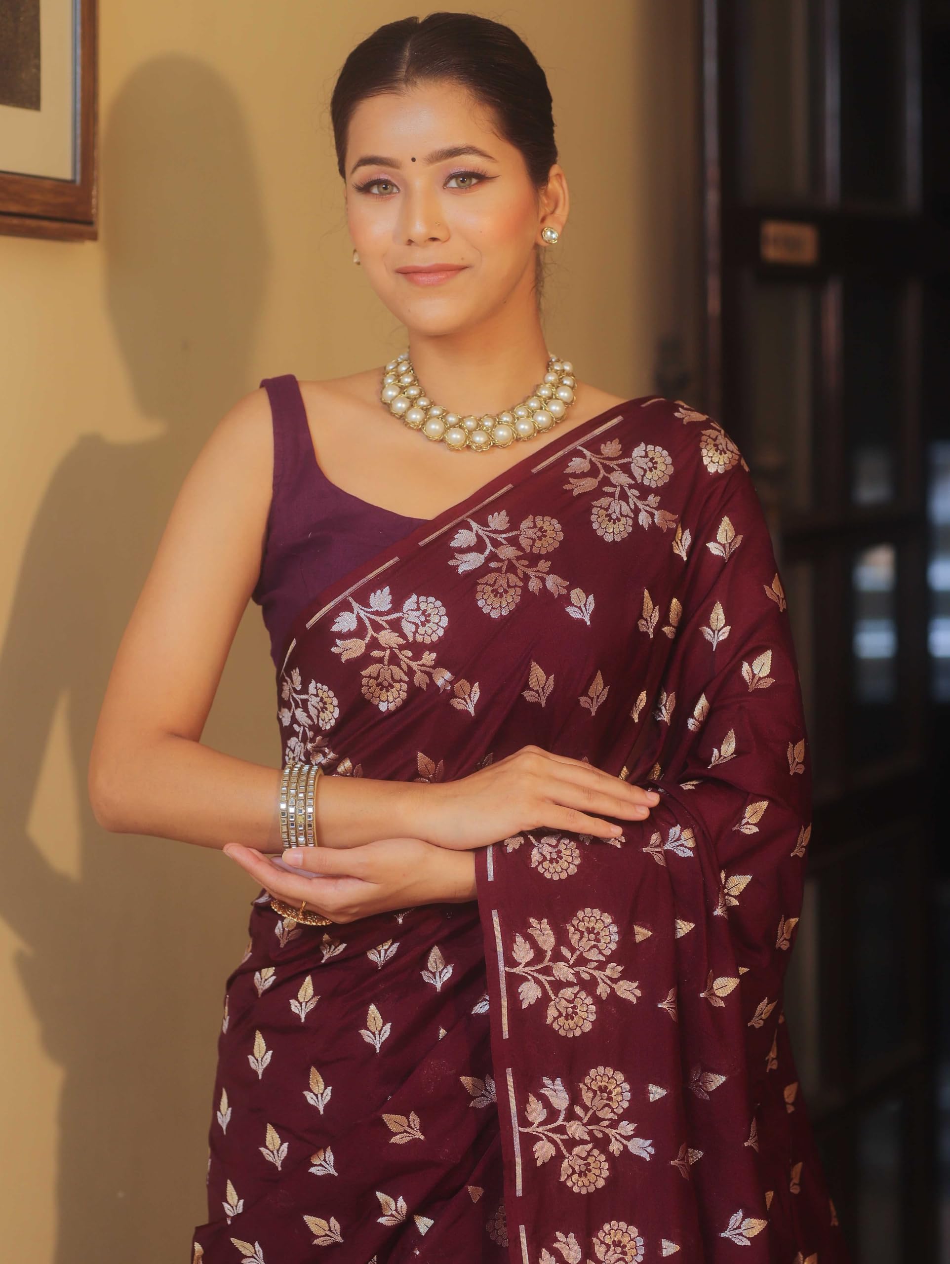 Shasmi Women's Maroon Banarasi Pure Kanjivaram Silk Saree Soft new ladies Design Wear Pattu Sarees Latest 2026 Cotton Party Sari collections With Blouse Piece for Wedding sadi (PARI-238-MAROON)