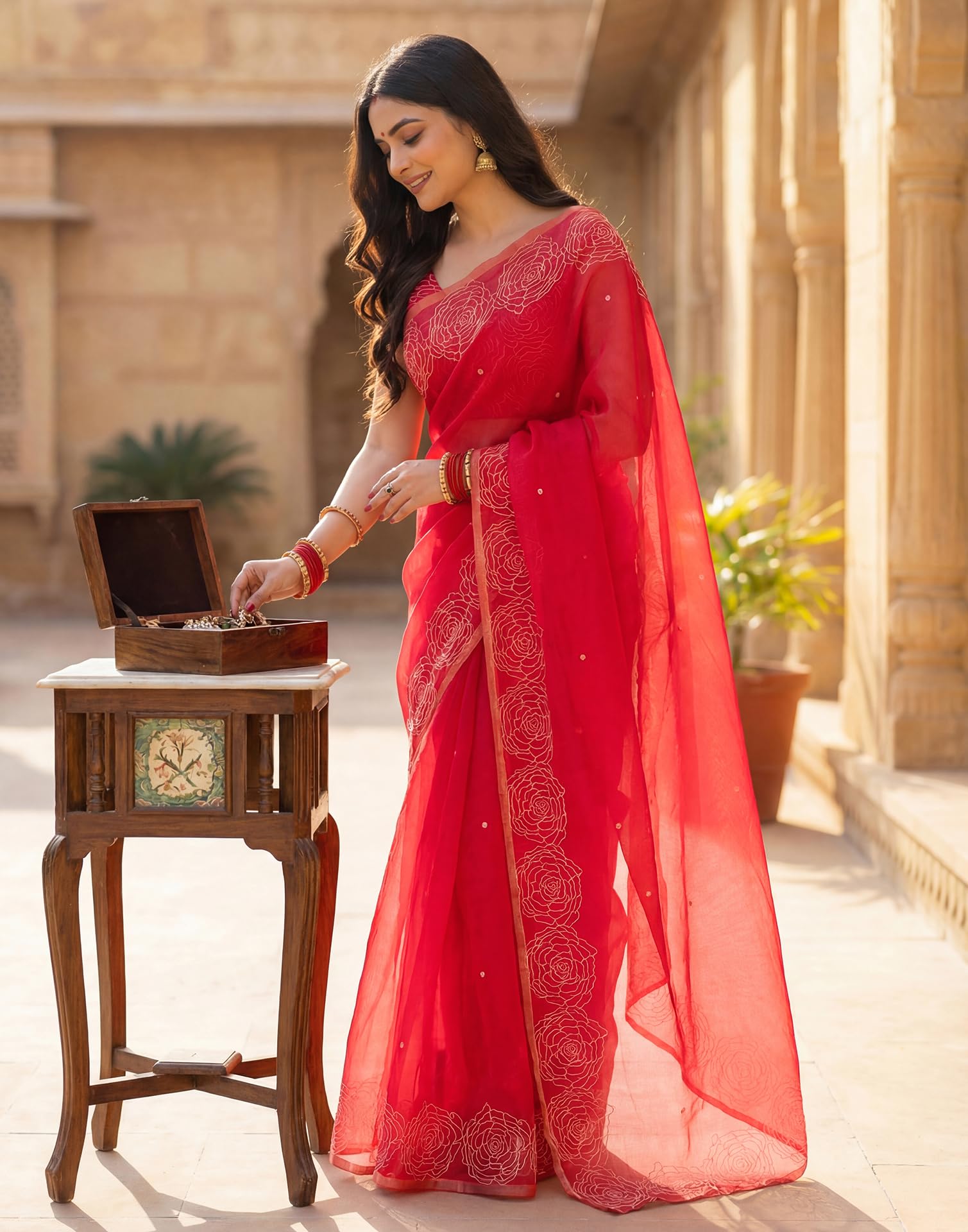 SIRIL Women's cotton Printed, Zari Border One Minute Ready To Wear Saree With Unstitched Blouse Piece(97RS387_Red)