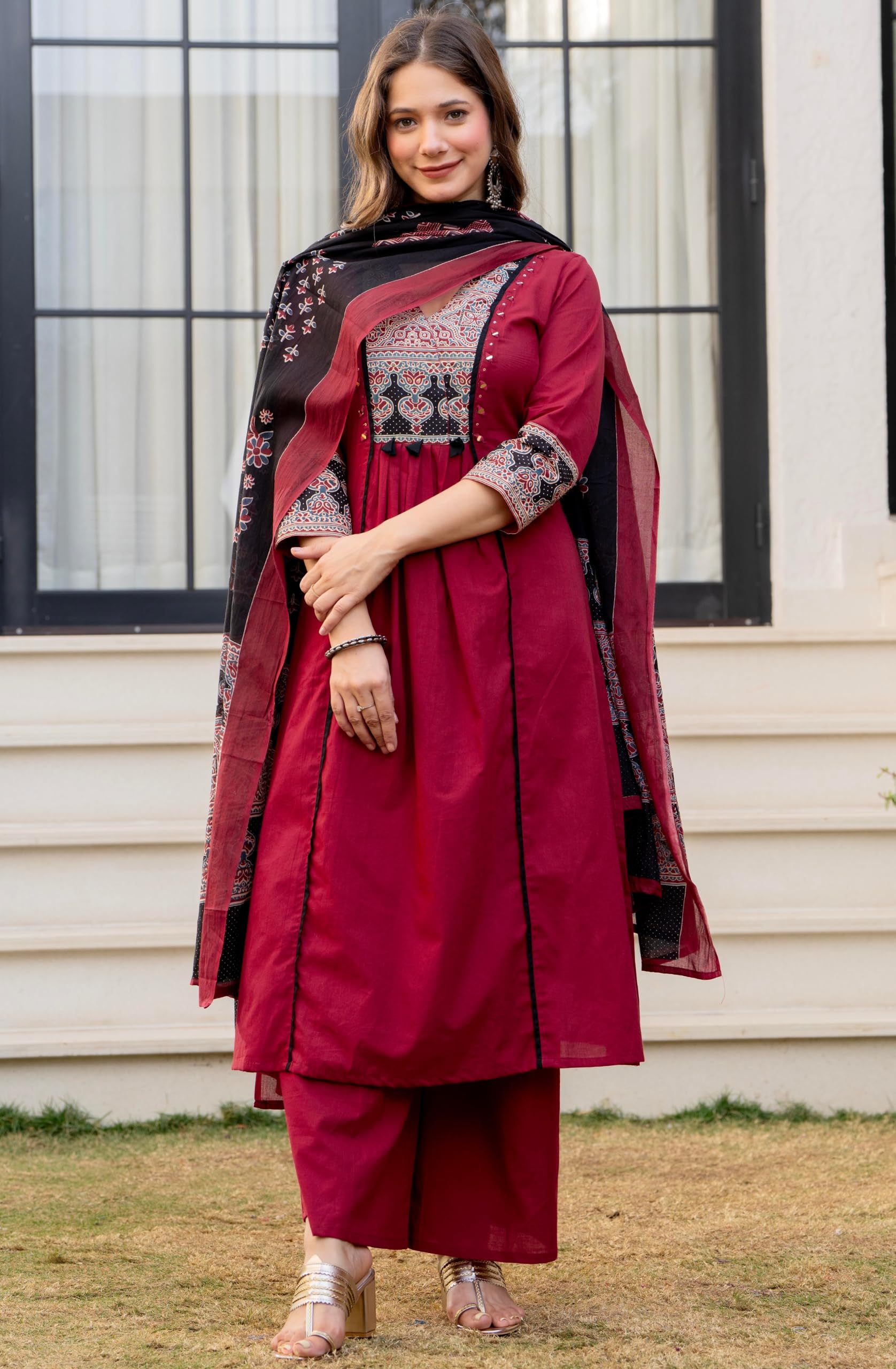 Amayra Women's Pure Cotton A-Line Kurta Set with Palazzo Pants & Dupatta|Ethnic wear|Kurti Suit Set for Women(TCK728,Maroon,L)