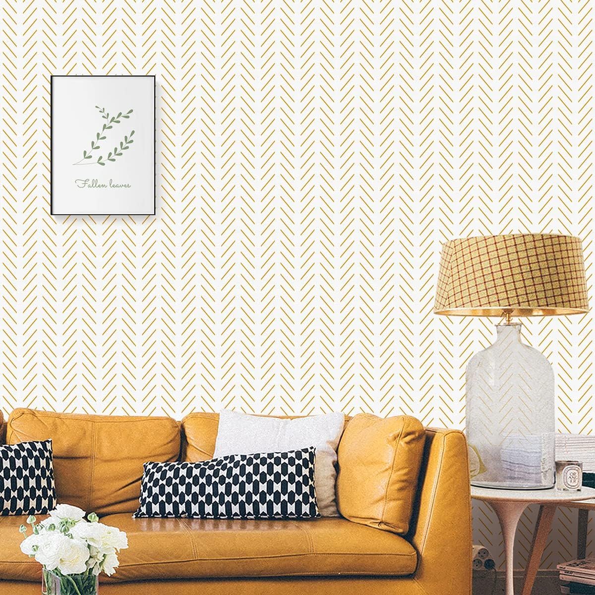 TEKCOOL Beige and White Peel and Stick Wallpaper Modern Herringbone Contact Paper Bathroom 17.7inch x 118.1inch Geometric Removable Wall Paper Peel and Stick Self Adhesive Contact Paper