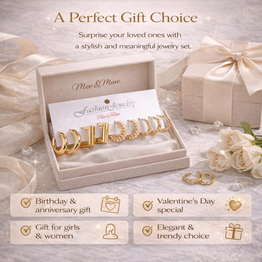Mee&Mine Gold Hoop Earrings Set for Women (5 Pairs) – Chunky, Twisted, Pearl Hoop Earrings Combo, Trendy Gold Plated Earrings Set, Stylish Everyday Jewelry for Girls & Women
