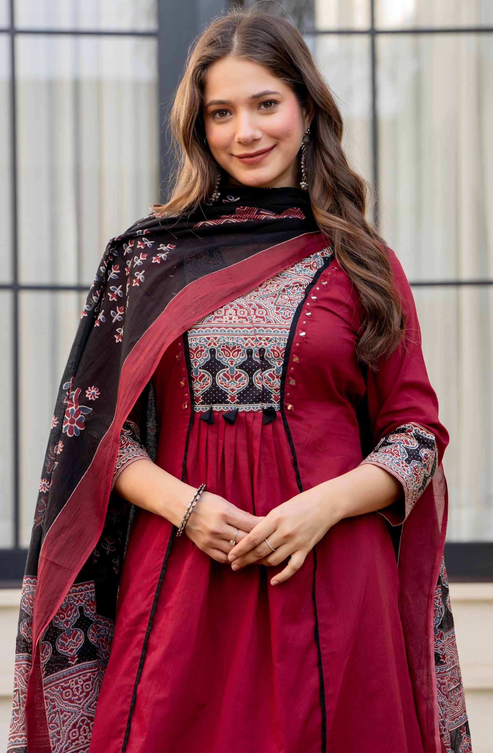 Amayra Women's Pure Cotton A-Line Kurta Set with Palazzo Pants & Dupatta|Ethnic wear|Kurti Suit Set for Women(TCK728,Maroon,L)