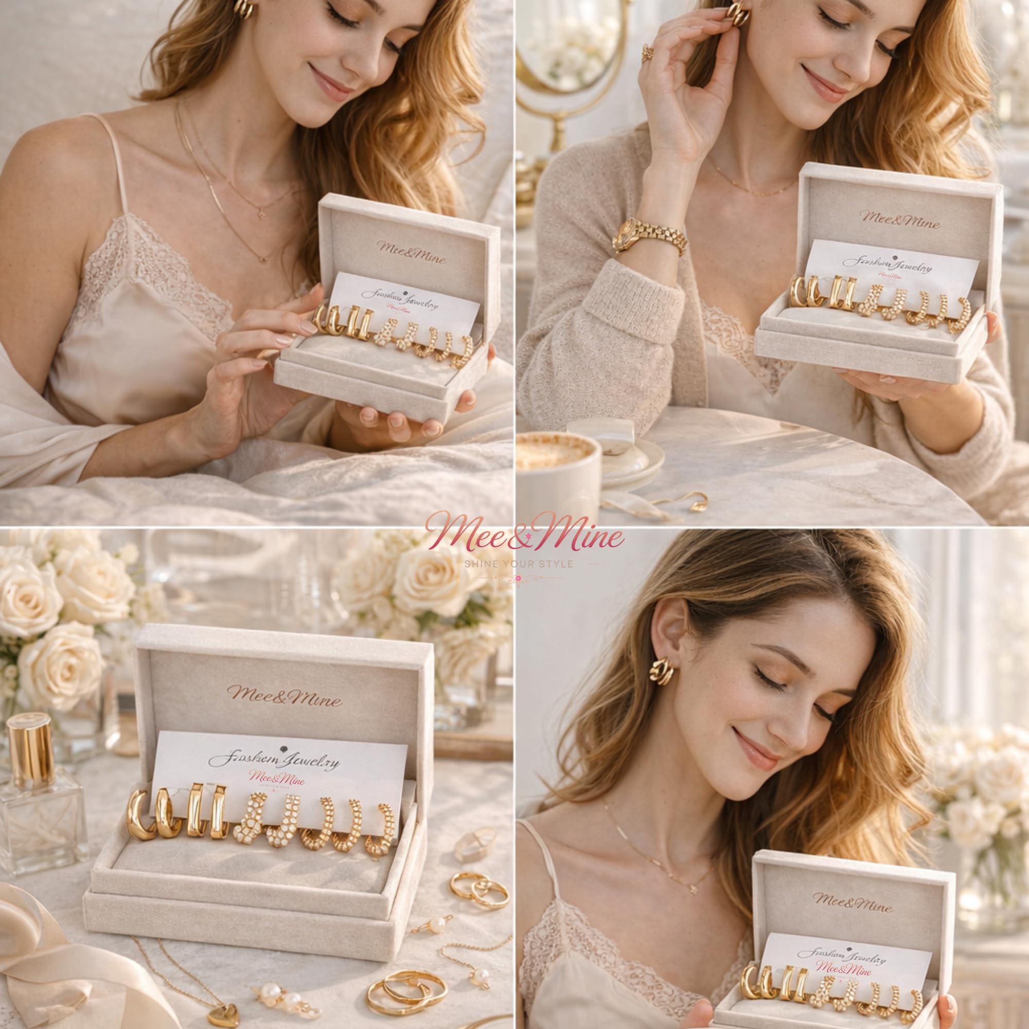 Mee&Mine Gold Hoop Earrings Set for Women (5 Pairs) – Chunky, Twisted, Pearl Hoop Earrings Combo, Trendy Gold Plated Earrings Set, Stylish Everyday Jewelry for Girls & Women
