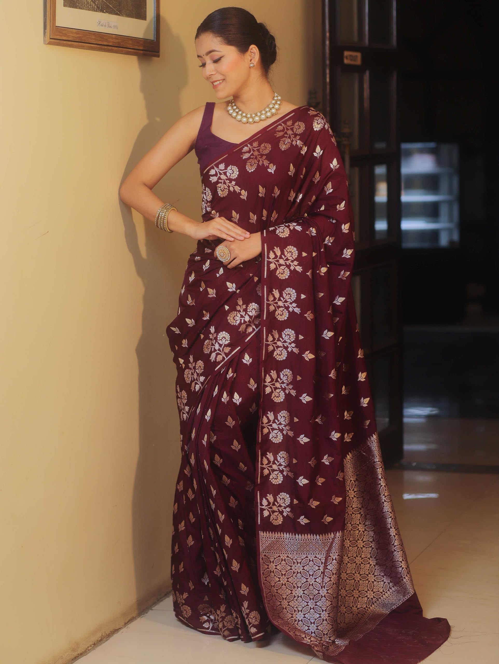 Shasmi Women's Maroon Banarasi Pure Kanjivaram Silk Saree Soft new ladies Design Wear Pattu Sarees Latest 2026 Cotton Party Sari collections With Blouse Piece for Wedding sadi (PARI-238-MAROON)