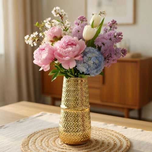 BEHOMA Arrow Engrave Metal Cylindrical Vase for Home Décor | Table Flower Pot for Valentine’s Day, Couple Gift for Wedding Anniversary, Birthday Decoration | 9.2" Golden, 1Pc (Flower not Included)