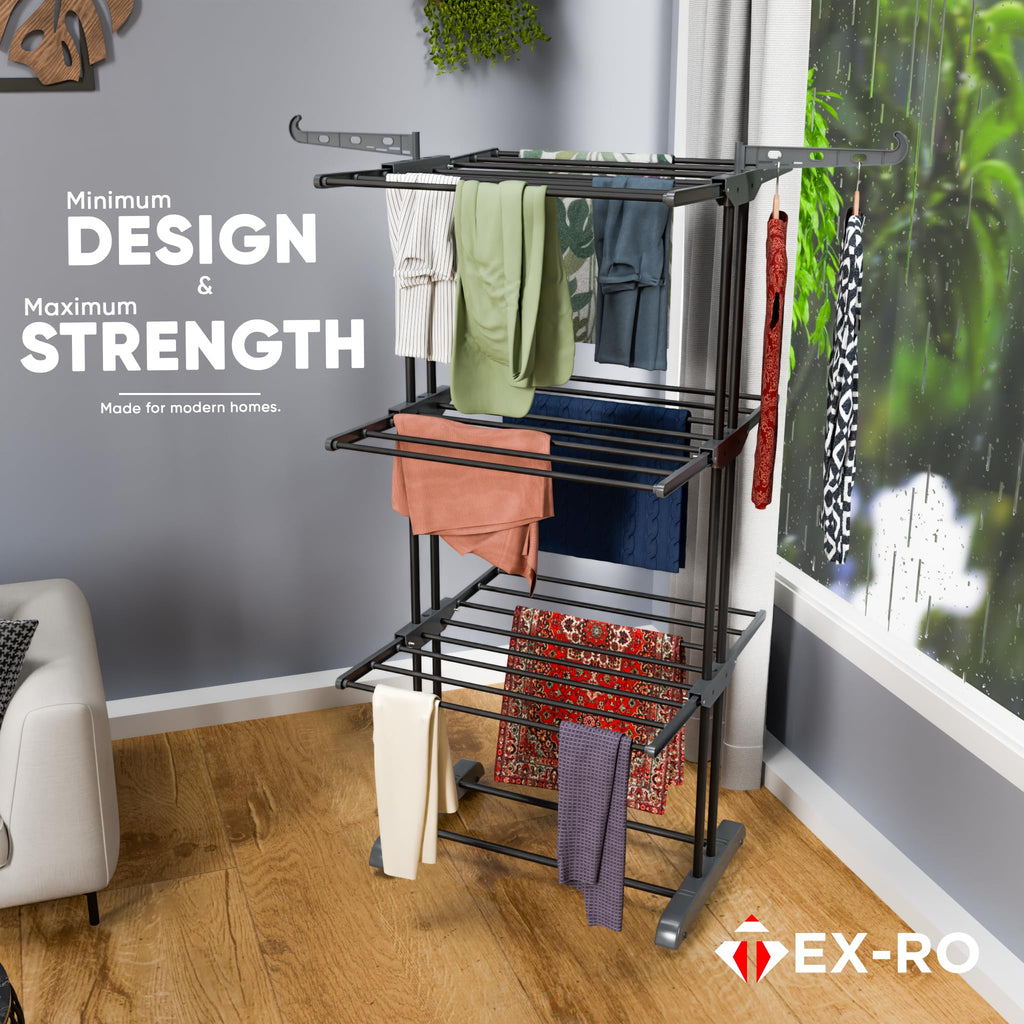 TEX-RO Metal Clothes Drying Stand Foldable with Wheels – 3-Tier Cloth Dryer Stand for Balcony, Bedroom & Indoor Outdoor | Heavy Duty Hanger Stand for Clothes Hanging, Dress Drying Rack - Grey