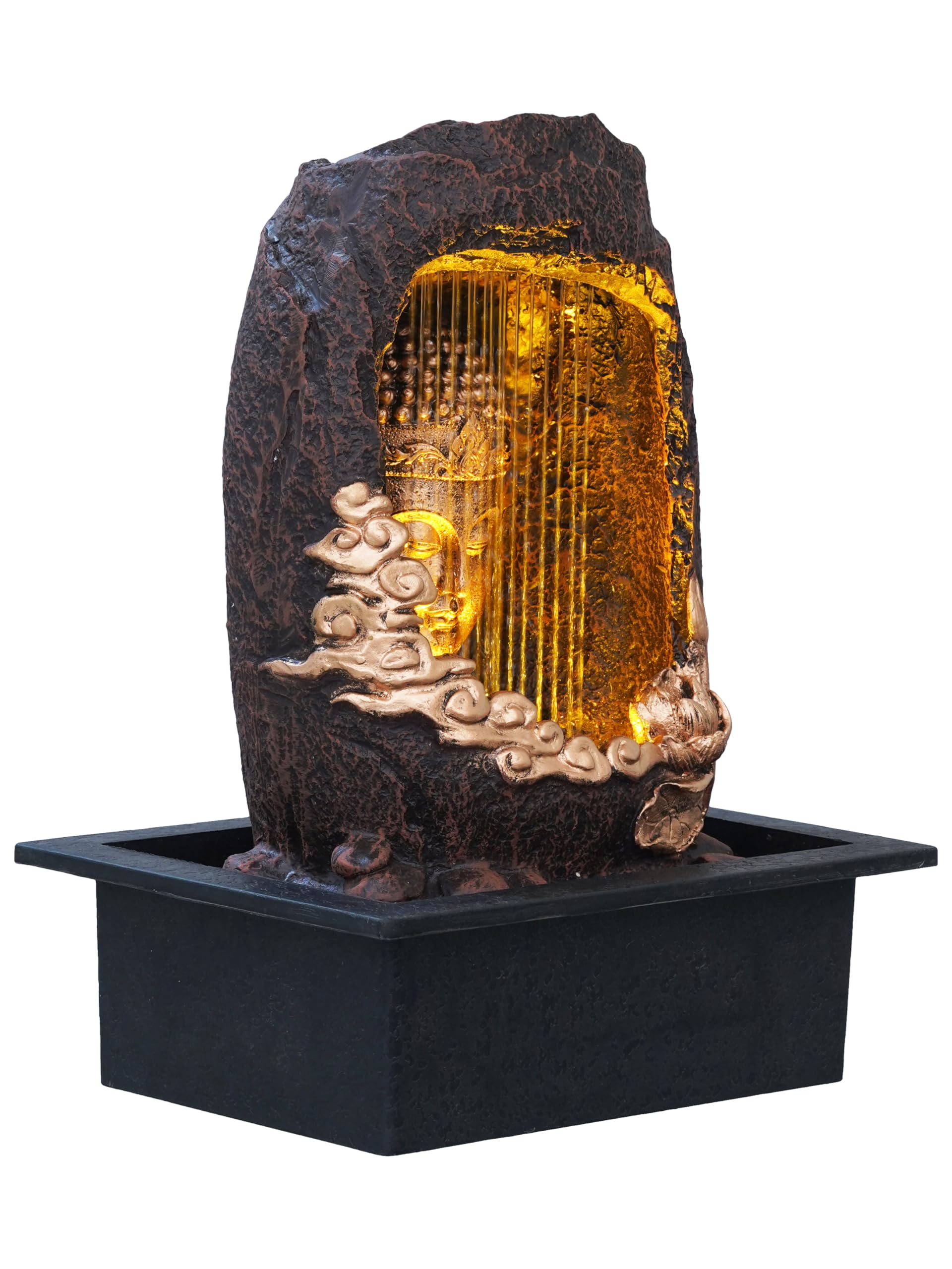 CHRONIKLE Polyresin Tabletop Gold Brown Meditating Buddha Sitting in Cave Style Indoor Front Curtain Waterfall Fountain for Home Decor with LED Light, Speed Controller Pump (Size: 40 x 22 x 29.5CM)