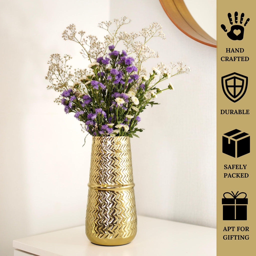 BEHOMA Arrow Engrave Metal Cylindrical Vase for Home Décor | Table Flower Pot for Valentine’s Day, Couple Gift for Wedding Anniversary, Birthday Decoration | 9.2" Golden, 1Pc (Flower not Included)