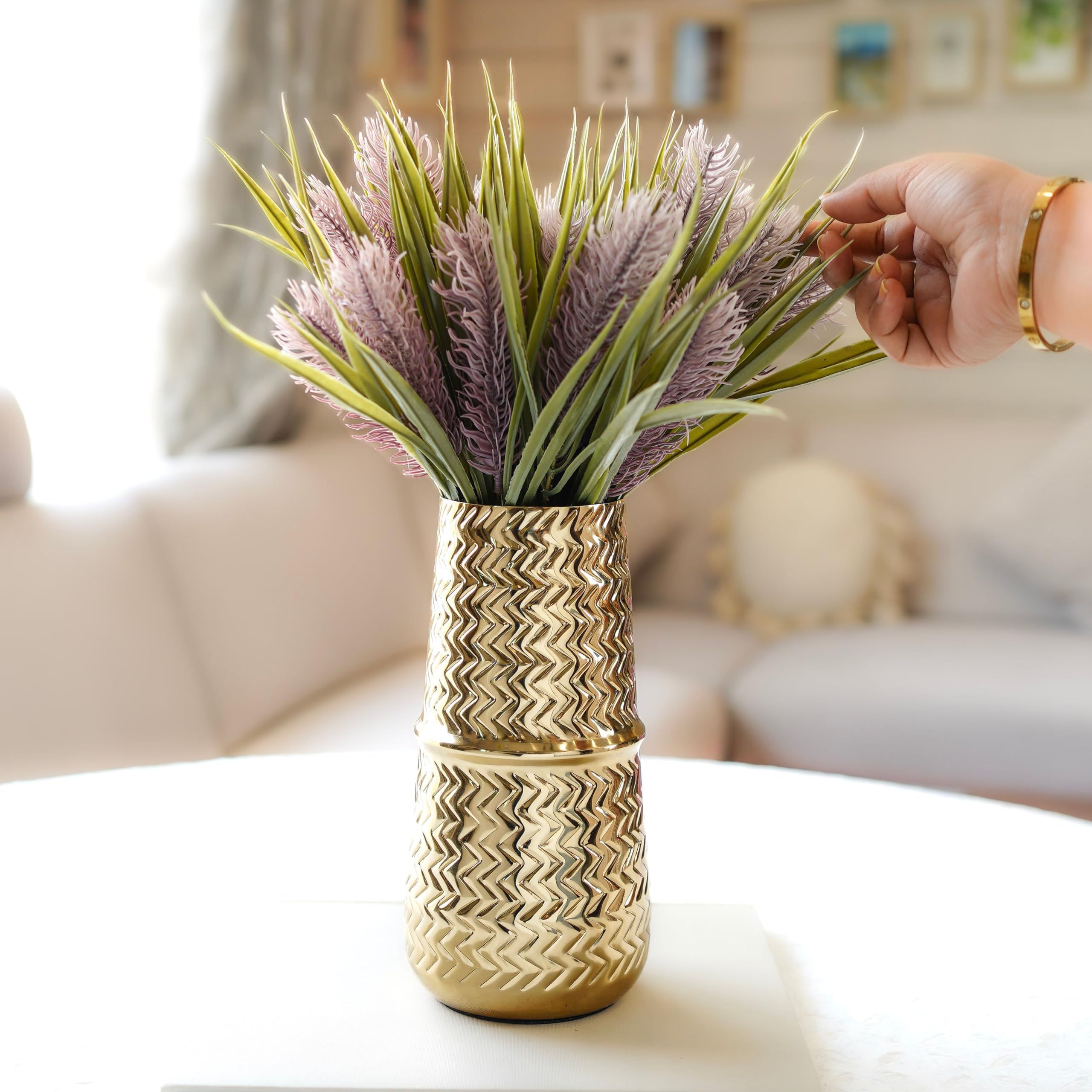 BEHOMA Arrow Engrave Metal Cylindrical Vase for Home Décor | Table Flower Pot for Valentine’s Day, Couple Gift for Wedding Anniversary, Birthday Decoration | 9.2" Golden, 1Pc (Flower not Included)