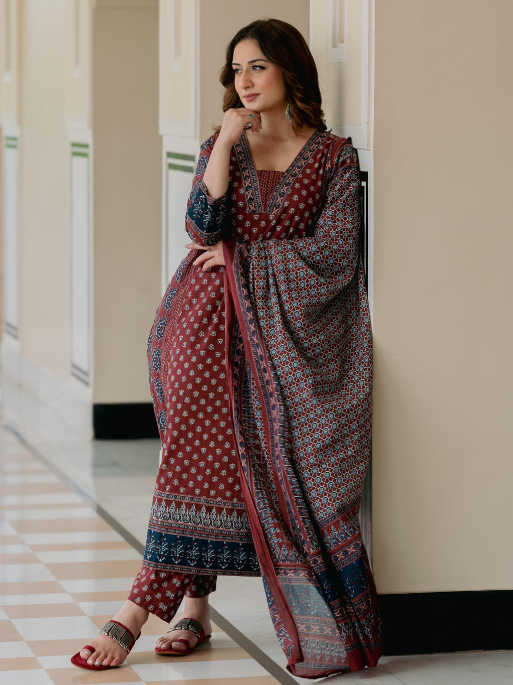 Arayna Women’s 100% Pure Cotton Printed Ethnic Suit | A-Line Kurta Set with Pant & Dupatta, Maroon, Large