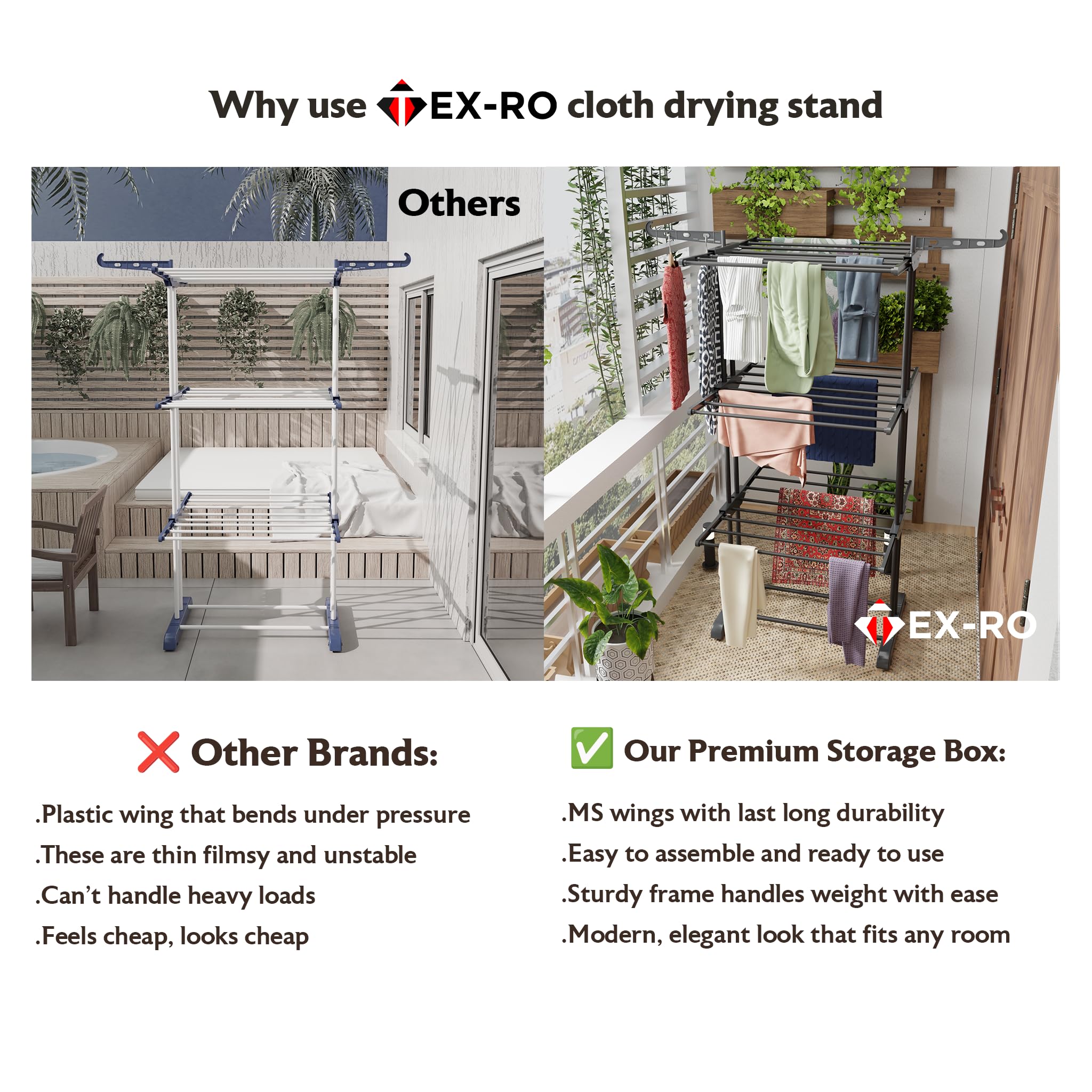 TEX-RO Metal Clothes Drying Stand Foldable with Wheels – 3-Tier Cloth Dryer Stand for Balcony, Bedroom & Indoor Outdoor | Heavy Duty Hanger Stand for Clothes Hanging, Dress Drying Rack - Grey