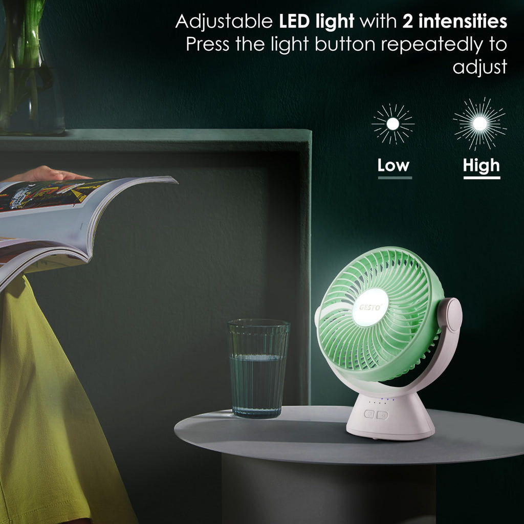 Gesto 7.8 Inch High Speed Rechargeable Table Fan for Home – USB Charging Battery Fan With Led Light | 2400mAh Battery for Upto 8 Hrs. Runtime | 3 Speed Modes Portable fan for Home,Office,Kitchen-Green