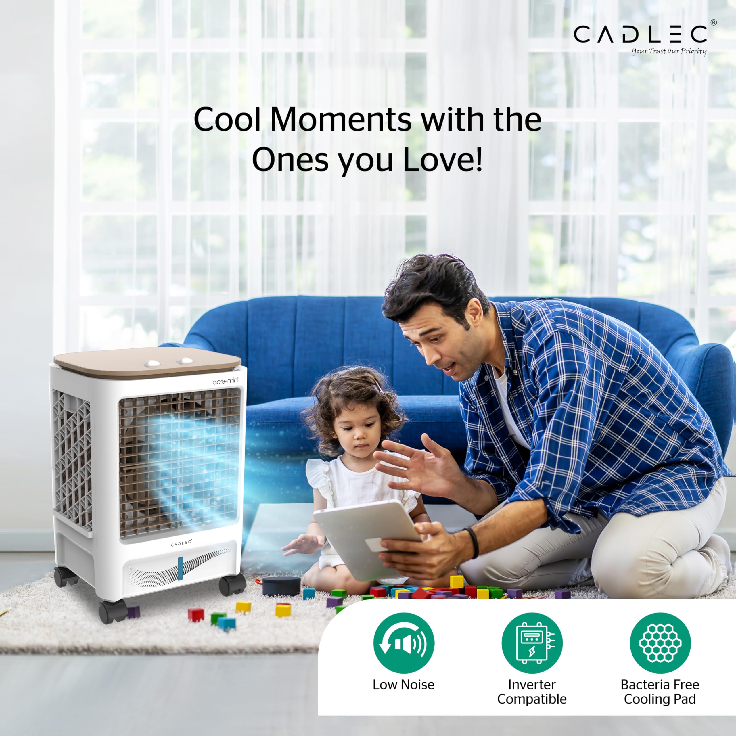 Cadlec AeroMini 20L Personal Air Cooler For Home, High Speed Fan with Powerful Air Throw, Inverter Compatible, Anti-Bacteria Honeycomb Pad, 3 Year Warranty | White