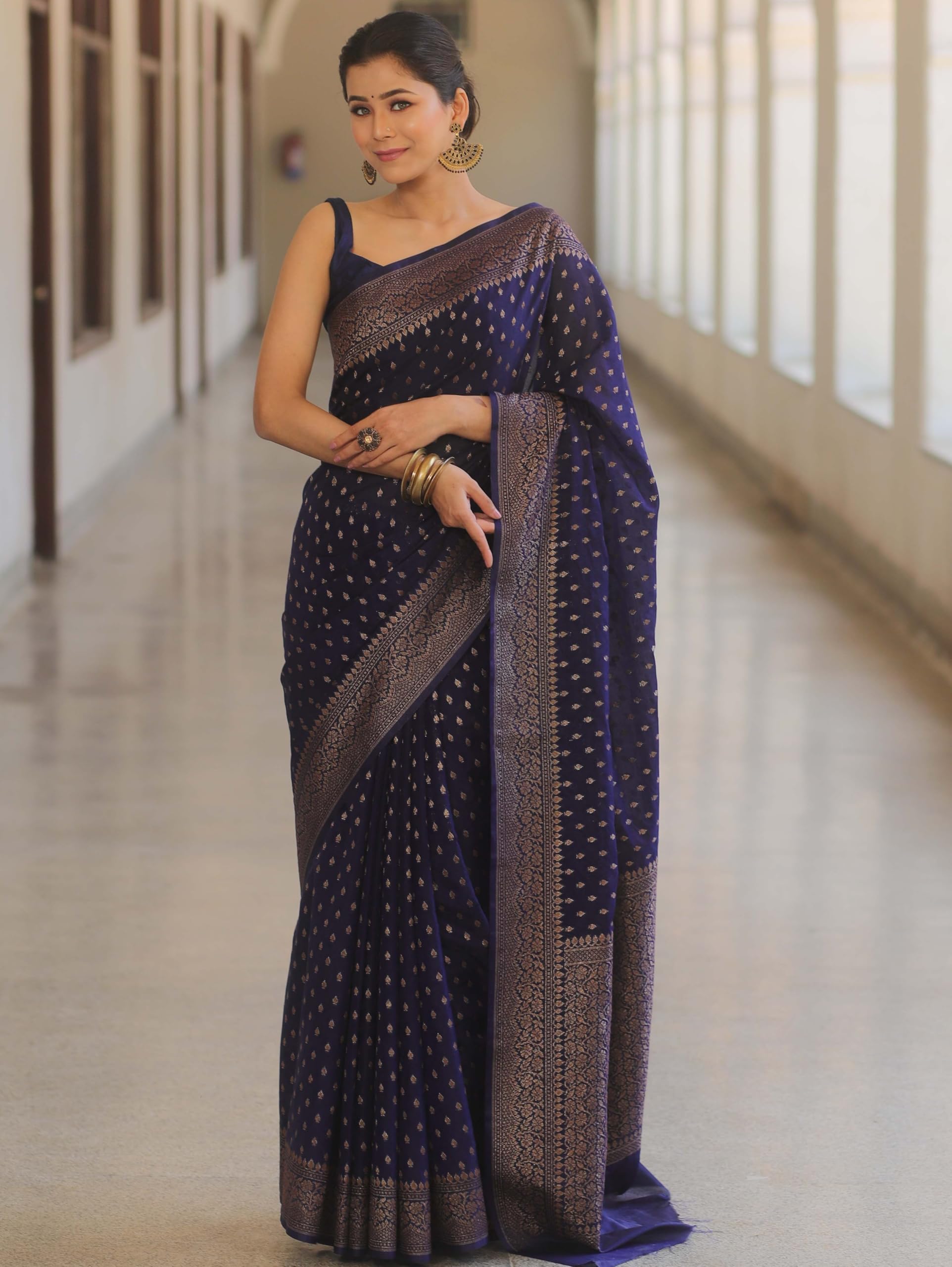 Shasmi Women's Navy Blue Banarasi Pure Kanjivaram Silk Saree Soft new ladies Design Wear Pattu Sarees Latest 2026 Cotton Party Sari collections With Blouse Piece for Wedding sadi (PARI-239-NEVIBLUE)
