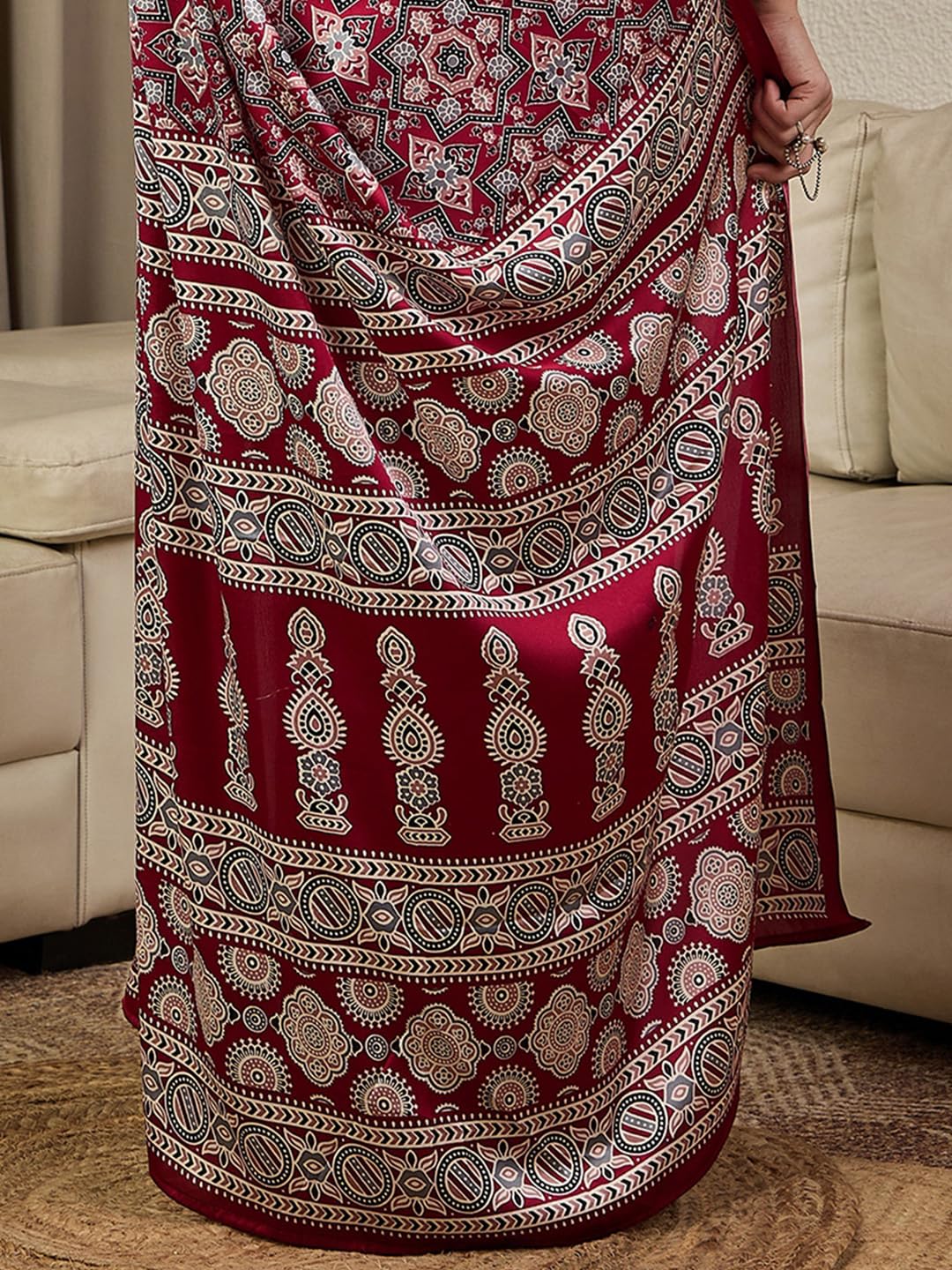 AKHILAM Women's Burgundy Satin Silk Ajrak Printed Ready To Wear one Minute Saree With Unstitched Blouse Piece (RTWKAJRKH386008_RJ)