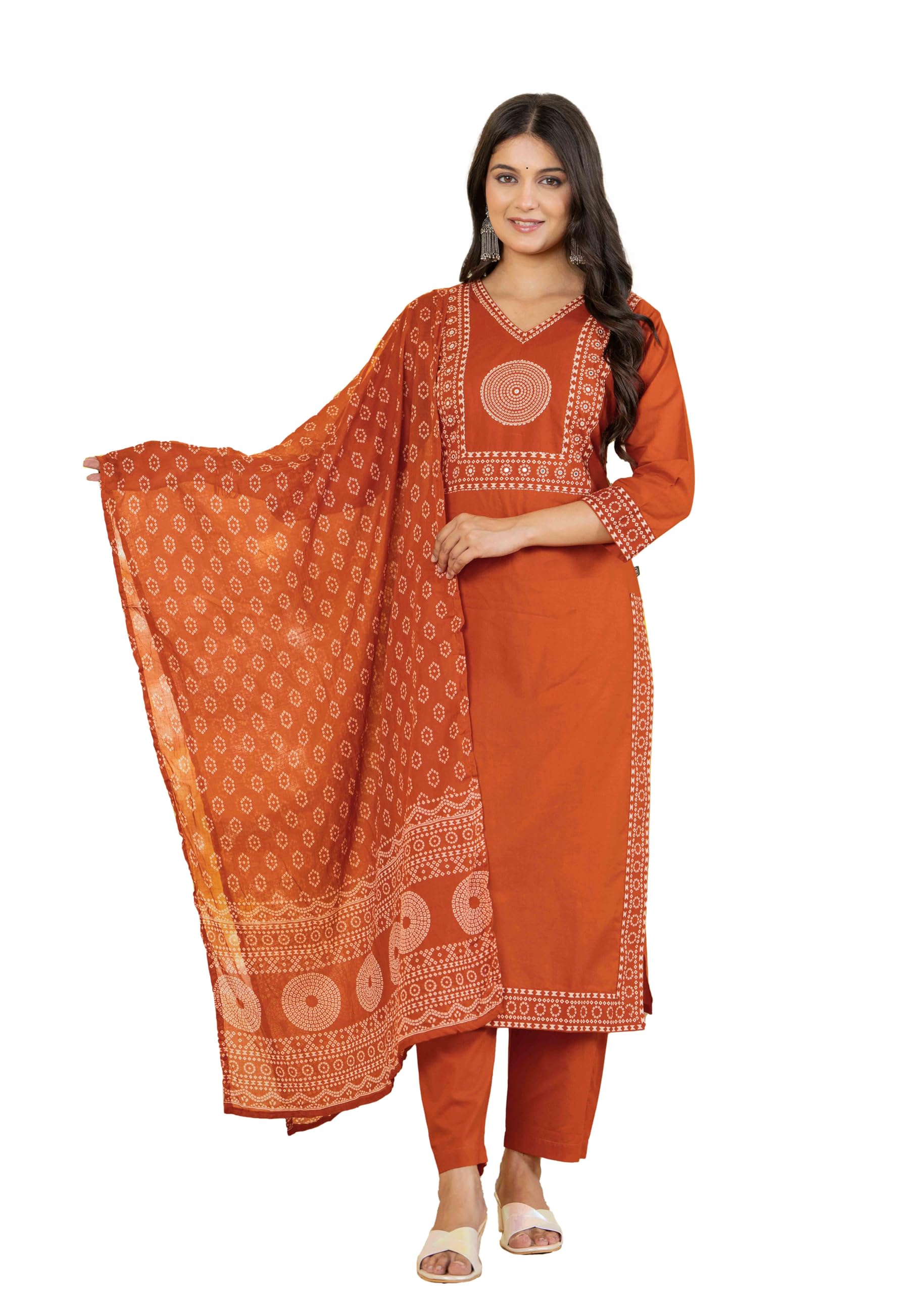 Pistaa's Women's Pure Cotton Elegant Bandhani Print Kurta Set with Dupatta (Bright Rust, Medium)