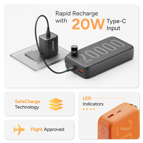 Ambrane 20000mAh Powerbank with in-Build Type C Cable, 22.5W Fast Charging, USB & Type C Output, Power Delivery, Quick Charge for iPhone, Android Mobile & Tablets, Earbuds, (Stylo N20, Black)