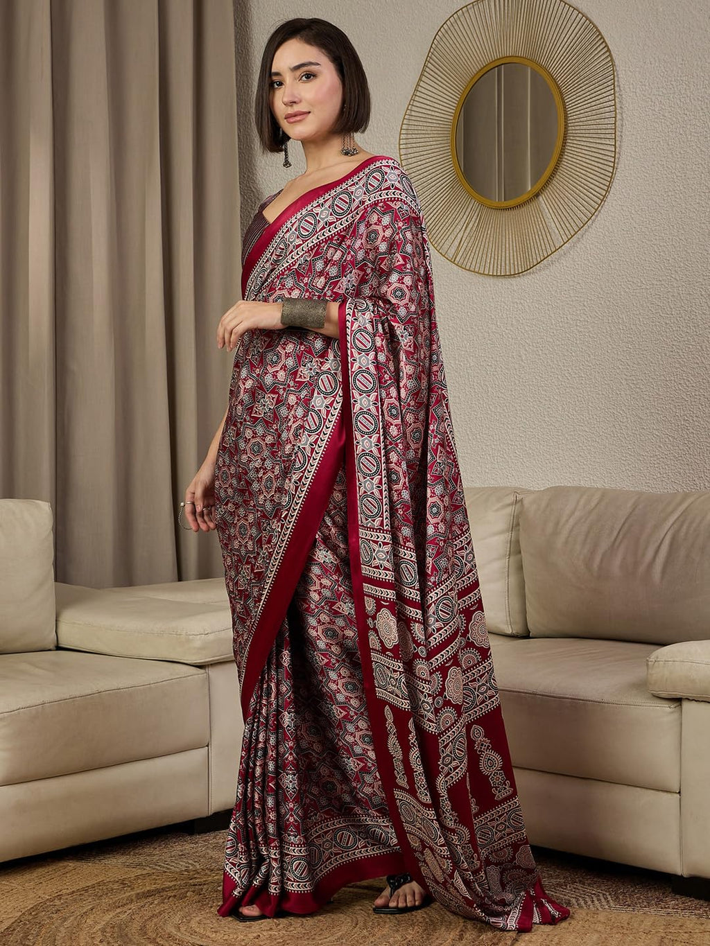AKHILAM Women's Burgundy Satin Silk Ajrak Printed Ready To Wear one Minute Saree With Unstitched Blouse Piece (RTWKAJRKH386008_RJ)