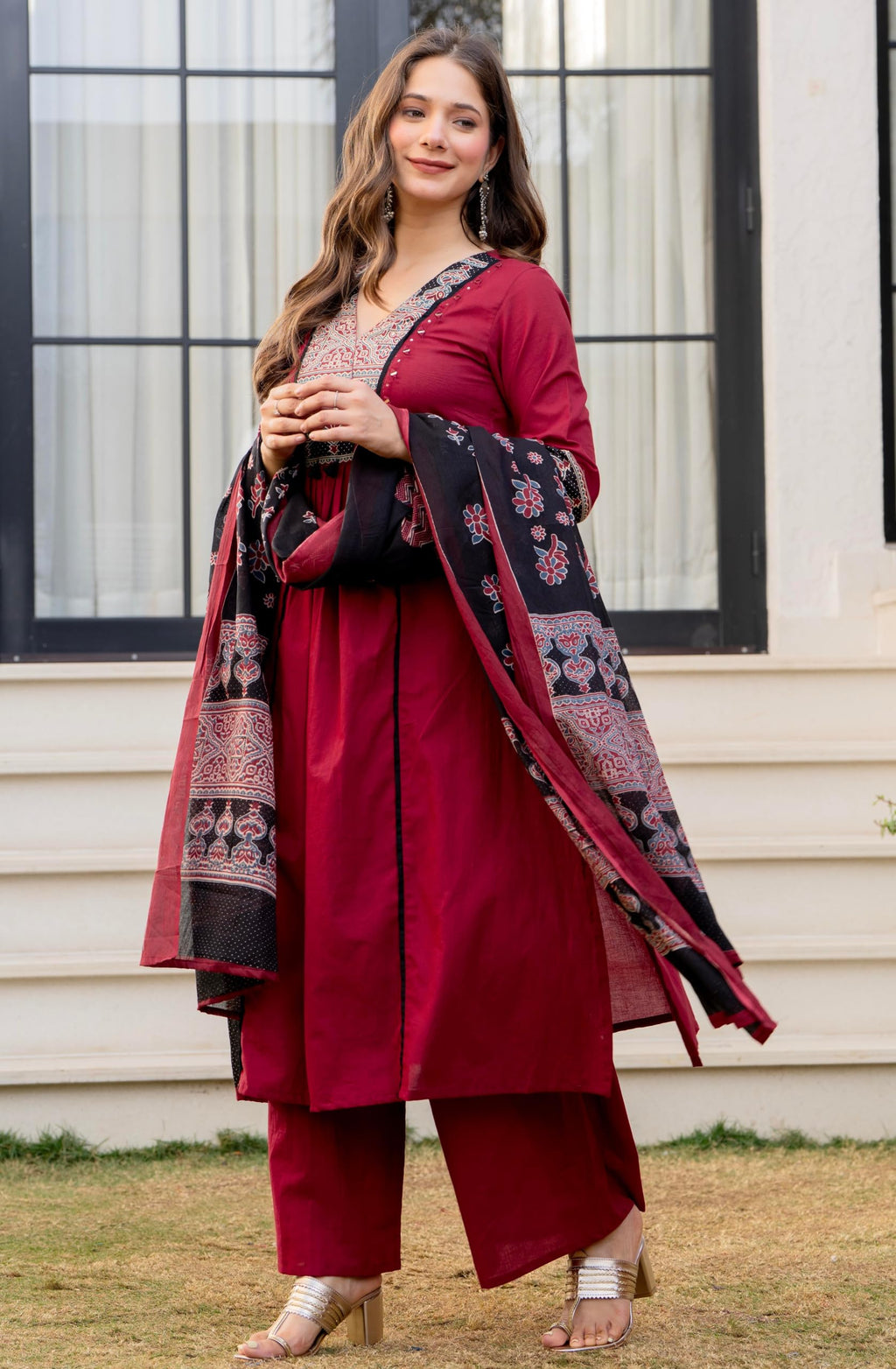 Amayra Women's Pure Cotton A-Line Kurta Set with Palazzo Pants & Dupatta|Ethnic wear|Kurti Suit Set for Women(TCK728,Maroon,L)