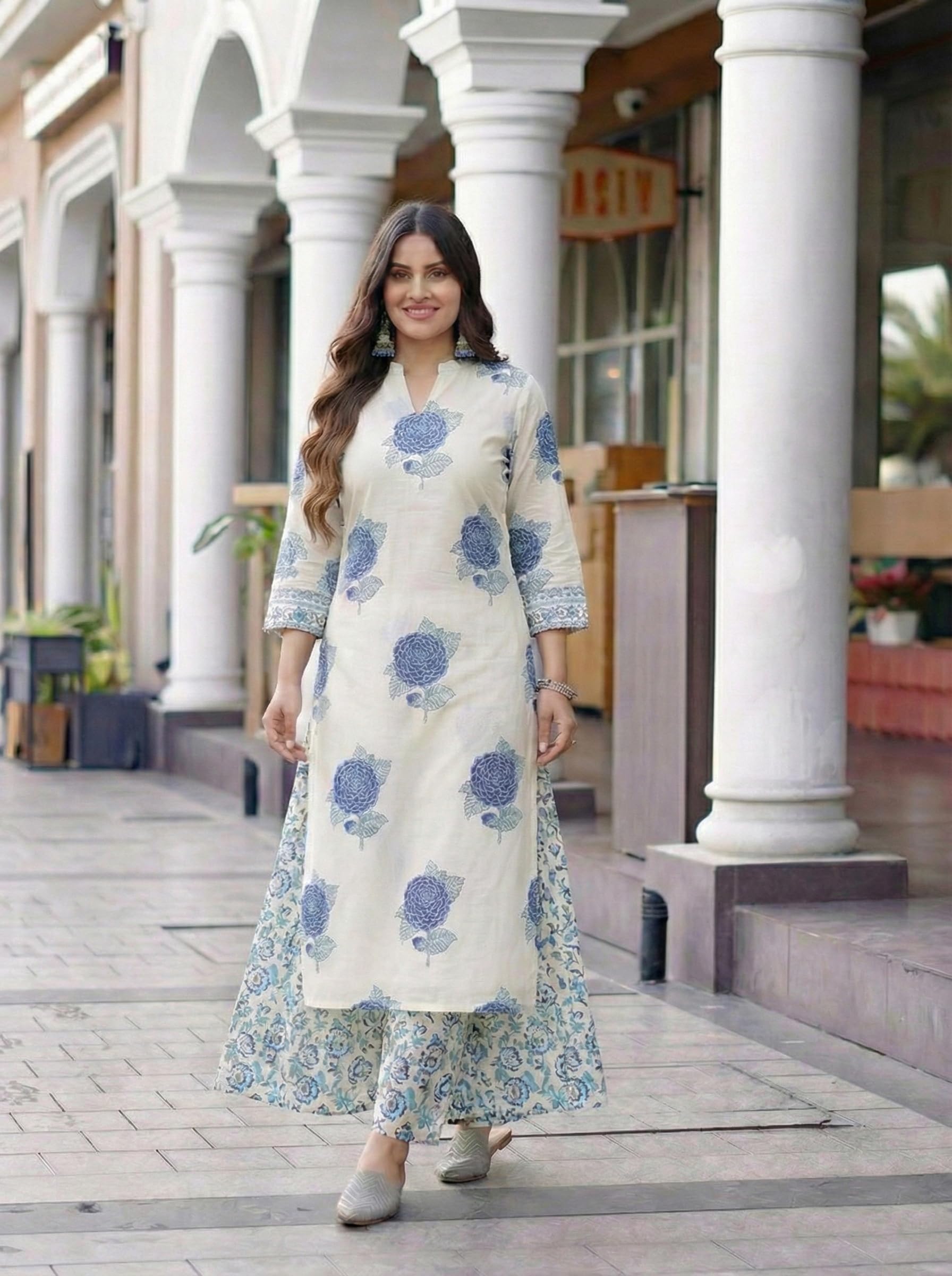 ANNI Designer Women's Viscose Blend Straight Printed Kurta with Palazzo (Chinon White_XXL_White_XX-Large)