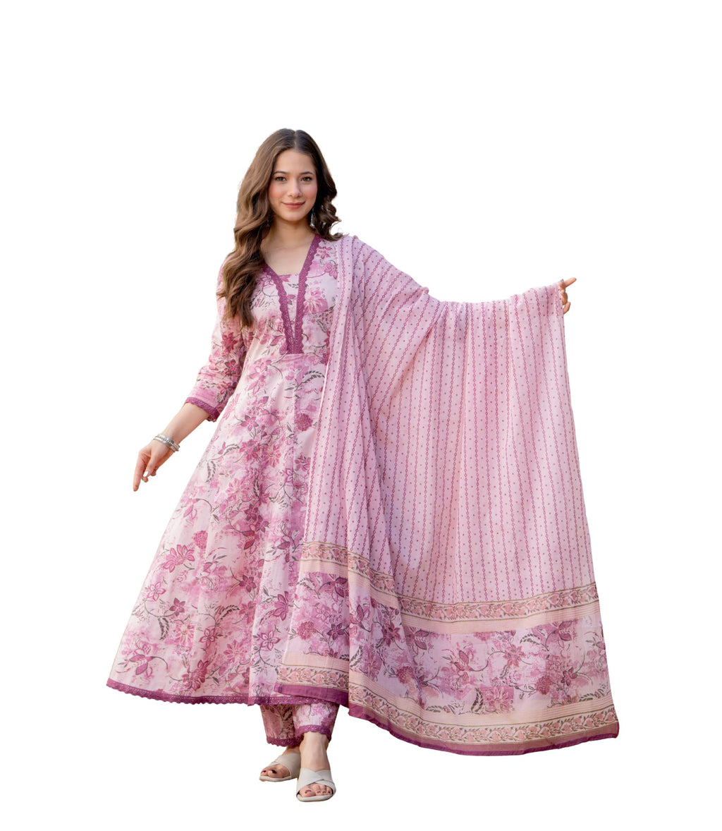 MANHAREE Women's Cotton Anarkali Pink Kurta Pant with Dupatta Set