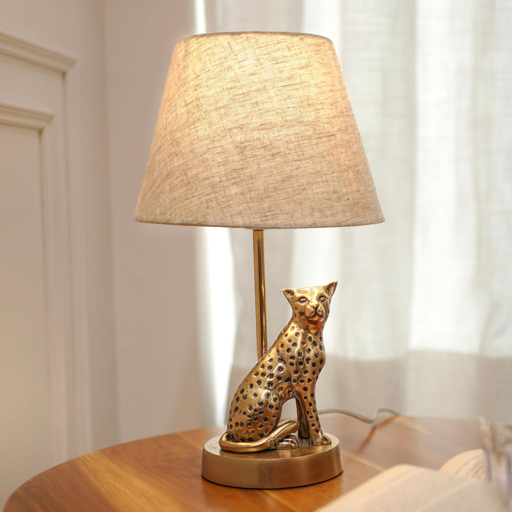 BEHOMA Luxury Jaguar Figurine Table Lamp with Antique Gold Aluminium Base & Fabric Shade | Elegant Home & Office Decor | Gift for Men, Kids, Housewarming Anniversary & Birthday (Bulb Not Included)