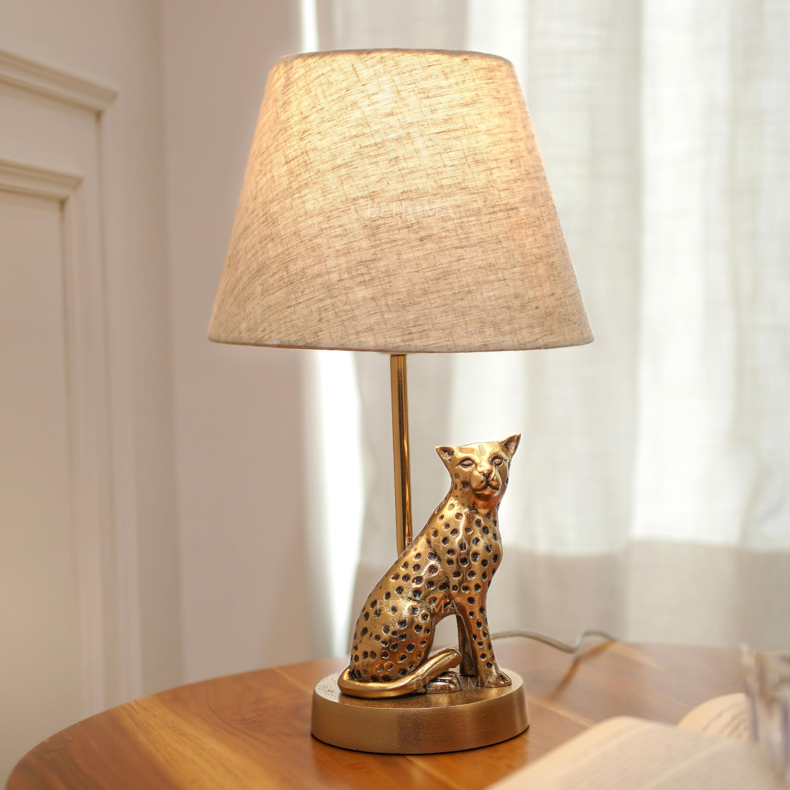 BEHOMA Luxury Jaguar Figurine Table Lamp with Antique Gold Aluminium Base & Fabric Shade | Elegant Home & Office Decor | Gift for Men, Kids, Housewarming Anniversary & Birthday (Bulb Not Included)