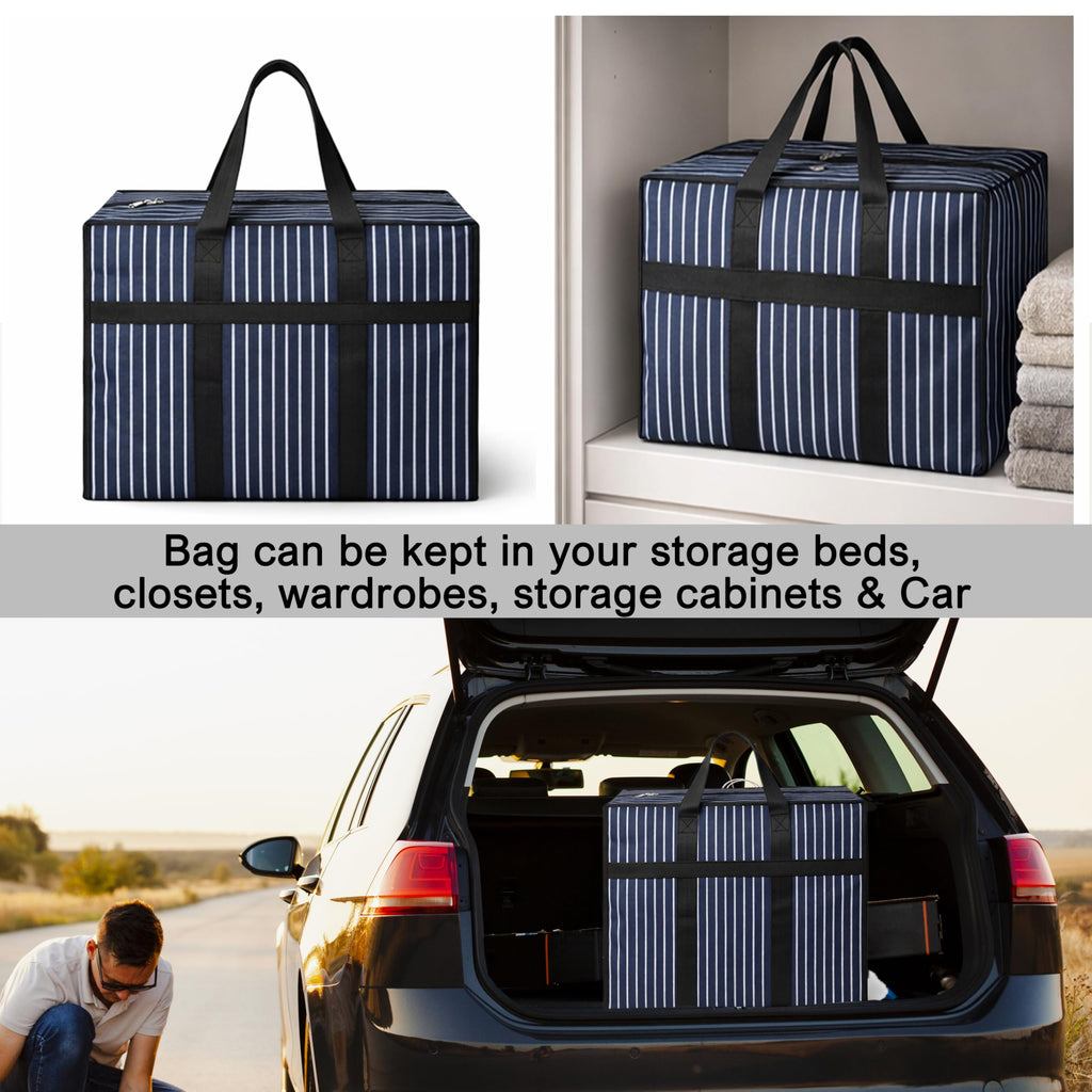 Match Made 2PK Extra Large Heavy Duty Canvas Storage Organizer Bag with Zip | Multipurpose Jhola Thaila with Strong Handles & Base for Home Storage, Travel, Laundry & Wardrobe – Black