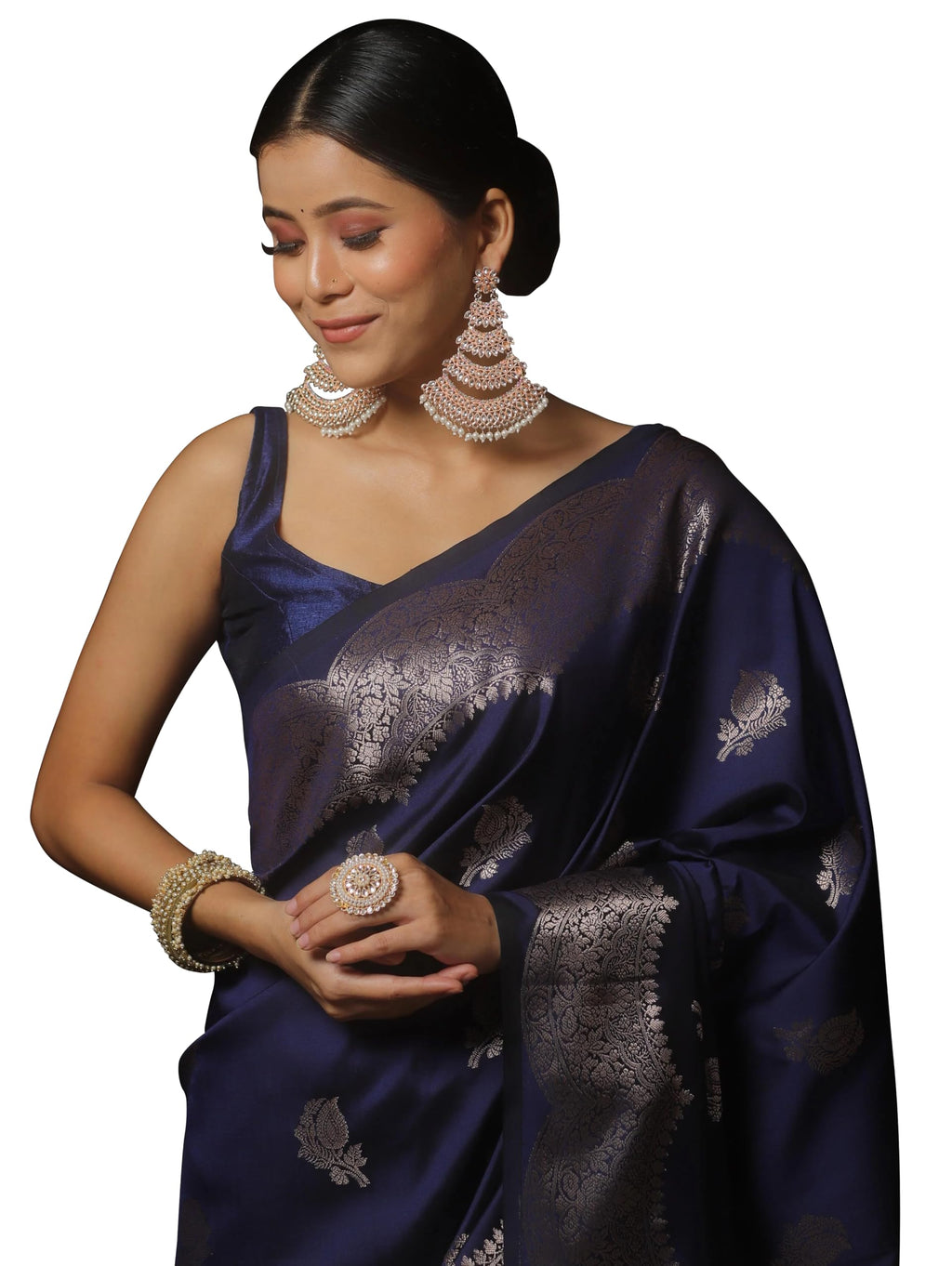 Shasmi Women's Navy Blue Banarasi Pure Kanjivaram Silk Saree Soft new ladies Design Wear Pattu Sarees Latest 2026 Cotton Party Sari collections With Blouse Piece for Wedding sadi (PARI-239-NEVIBLUE)