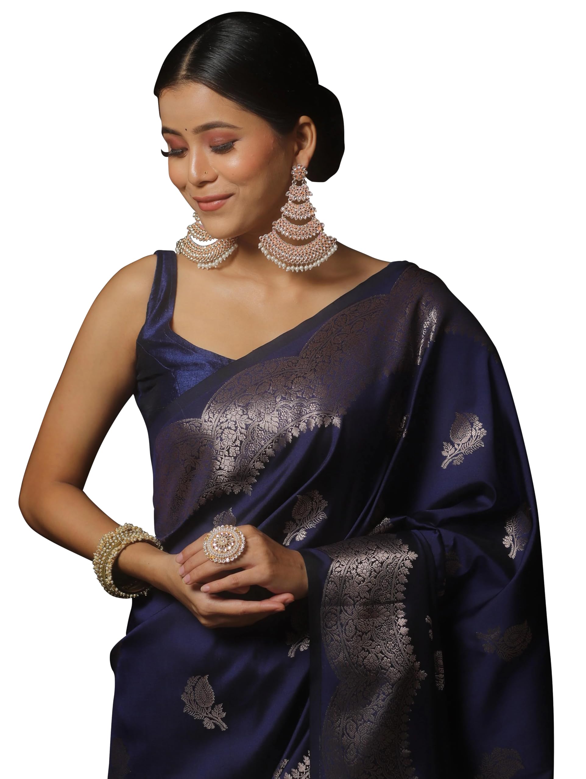 Shasmi Women's Navy Blue Banarasi Pure Kanjivaram Silk Saree Soft new ladies Design Wear Pattu Sarees Latest 2026 Cotton Party Sari collections With Blouse Piece for Wedding sadi (PARI-239-NEVIBLUE)