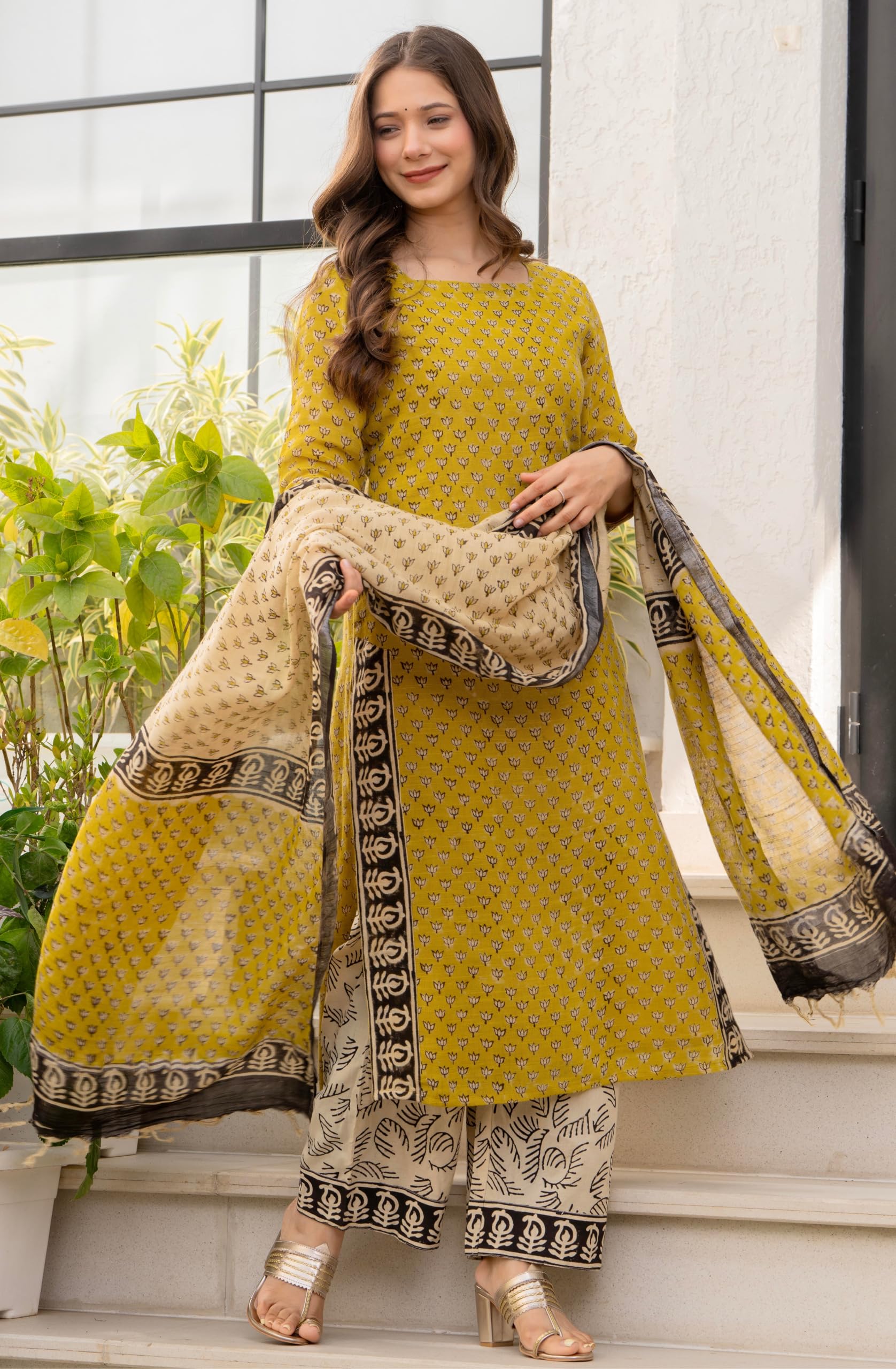 Amayra Women's Pure Cotton Straight Kurta Set with Palazzo Pants & Dupatta|Ethnic wear|Kurta Set for Women(TCK737-N,Yellow,S)
