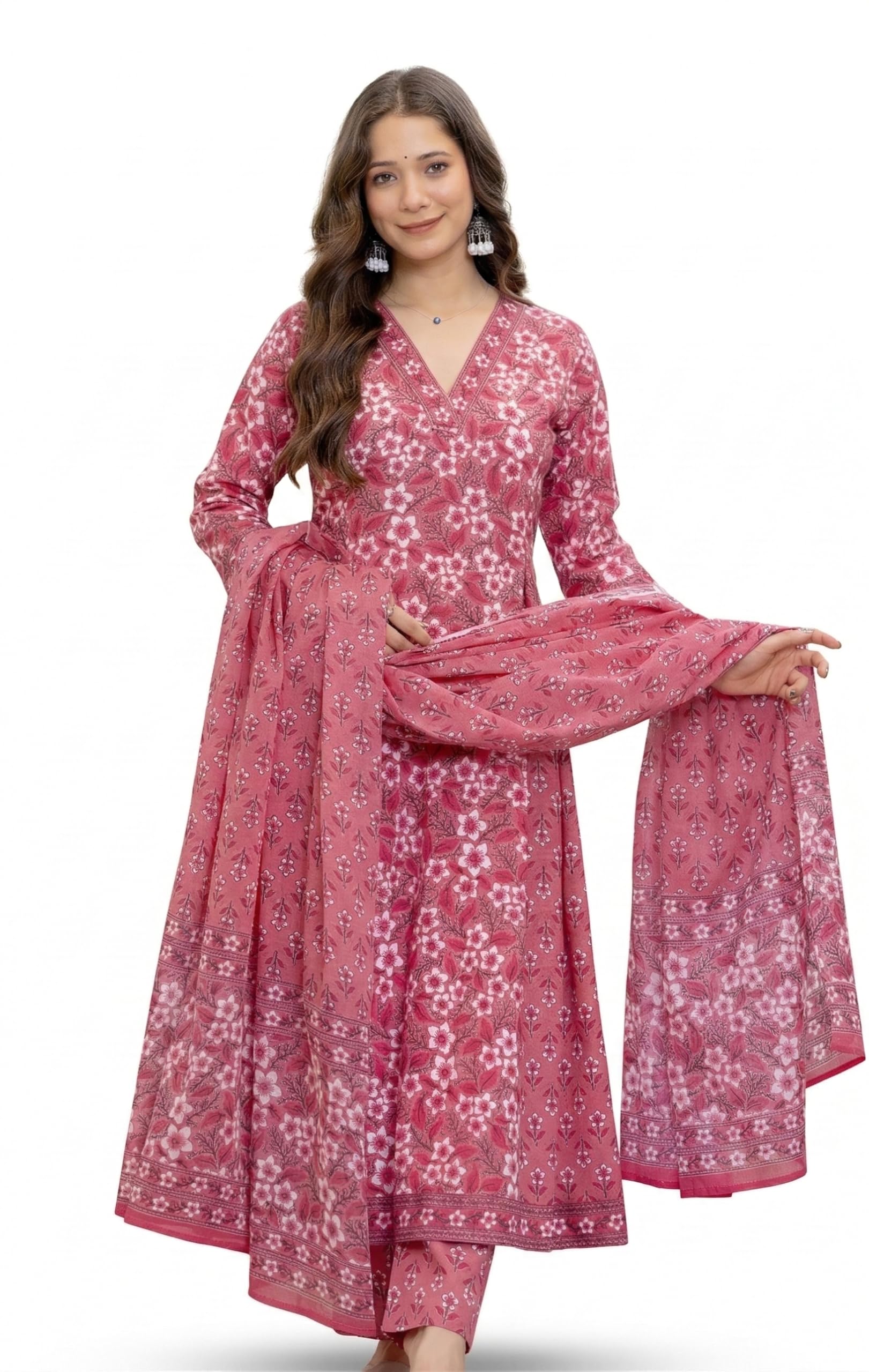 Aradhika Women's Pure Cotton Printed Anarkali Kurta with Pants and Dupatta | 3 Pieces Ethnic Wear for Women | Casual, Festive & Dailywear | Soft & Breathable Kurta Suit Set - (Pink, XX-Large)