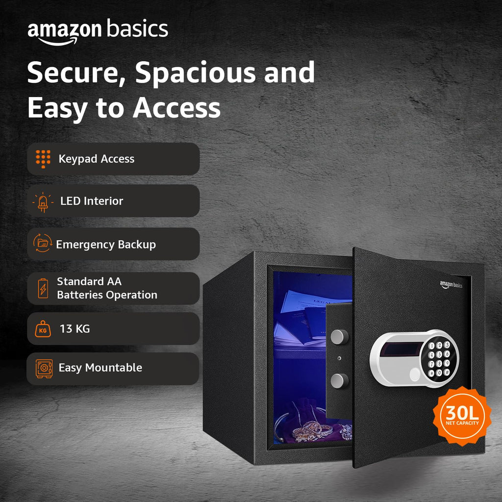 Amazon Basics 30 Litres Digital Safes for Hotel & Office - Digital Lock 3-in-1 unlocking |locker safe with Motorized Door Locking Mechanism | Size : 32 H x 40 W x 32 D(cm) | Black | Weight: 13 Kgs